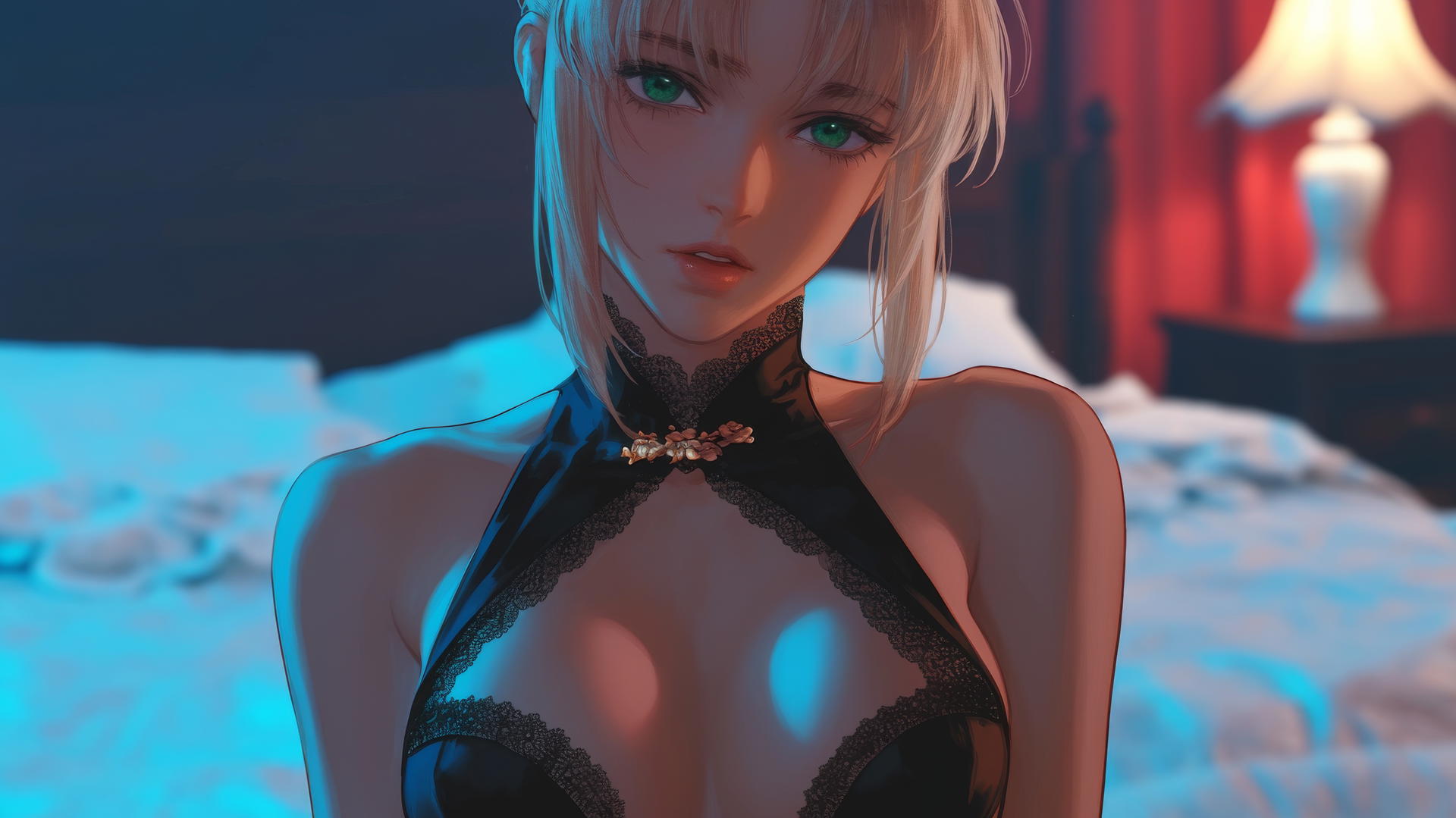 Saber from Fate Zero, with green eyes, leisurely kneeling in a modern hotel room, illuminated by moonlight.