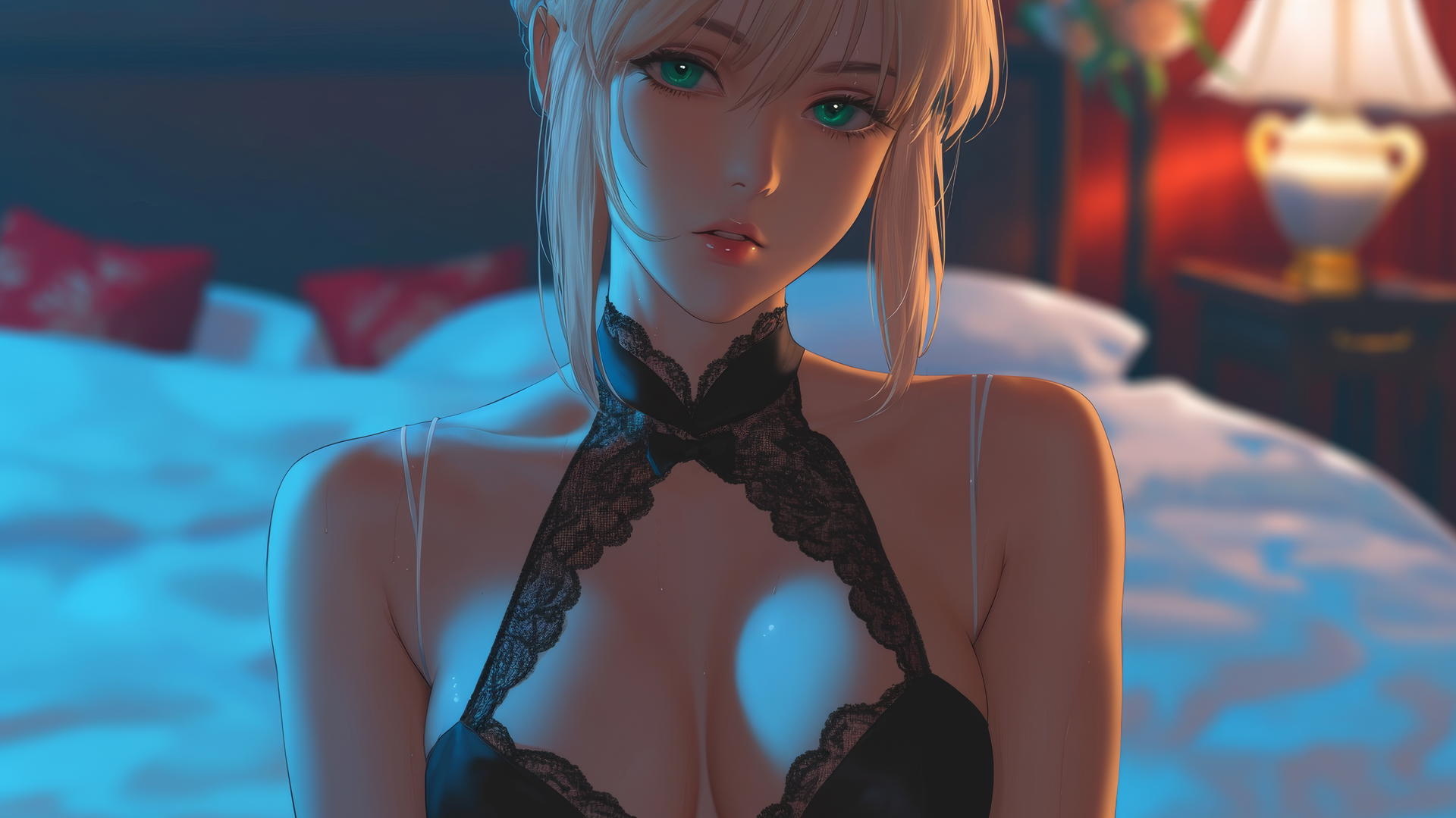 Saber from Fate Zero with green eyes kneeling in a modern hotel room, moonlight glow
