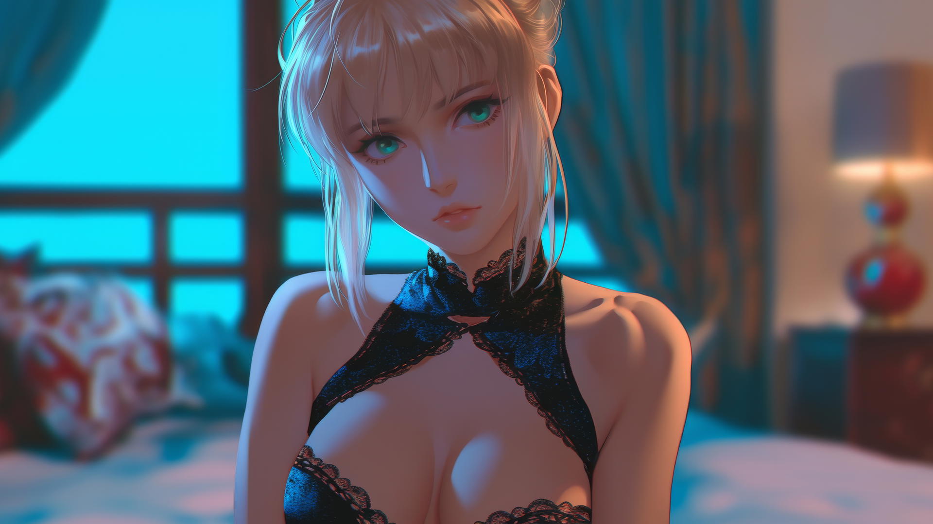 Saber from Fate Zero with green eyes, kneeling leisurely in a modern hotel room bathed in moonlight
