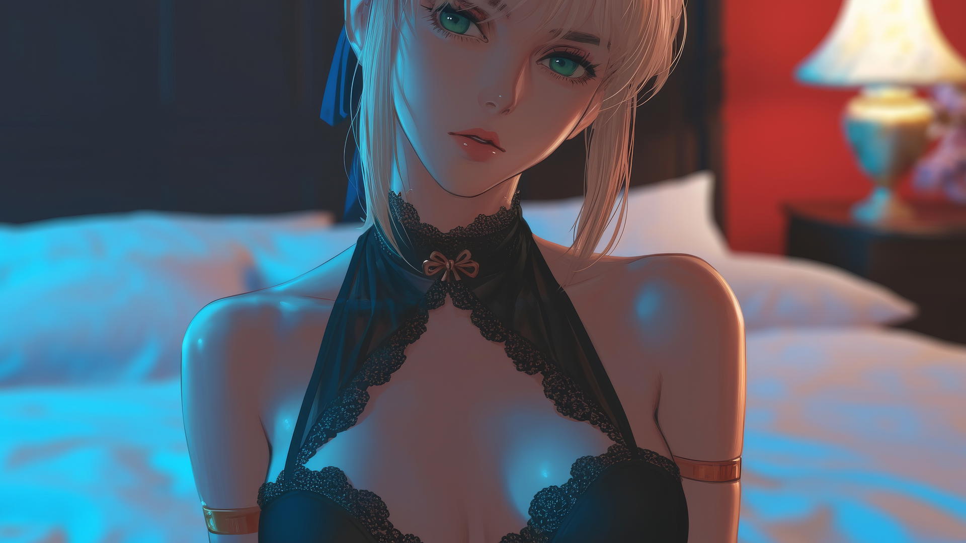 Saber from Fate Zero kneeling in a modern hotel room with moonlight glow