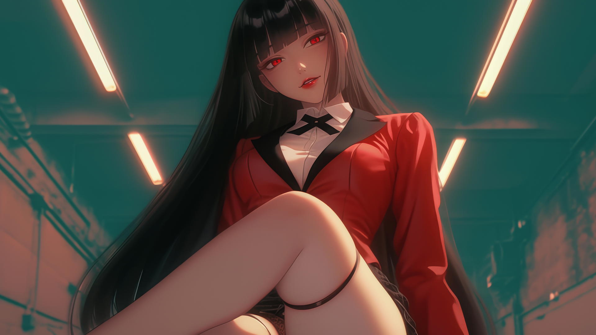 Yumeko Jabami kneeling and leaning forward with hime-cut hair and red eyes.