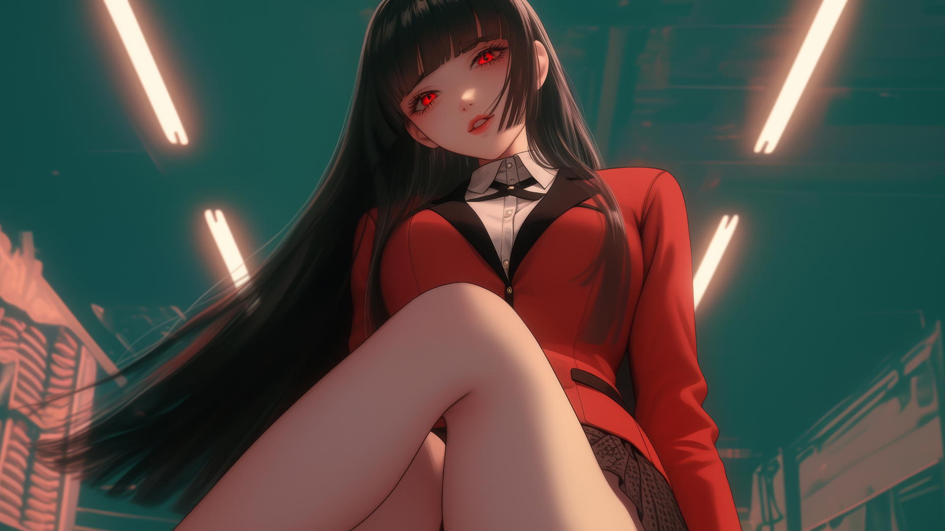 Yumeko Jabami kneeling and leaning, seen from below, hime-cut hair, red eyes, warm light