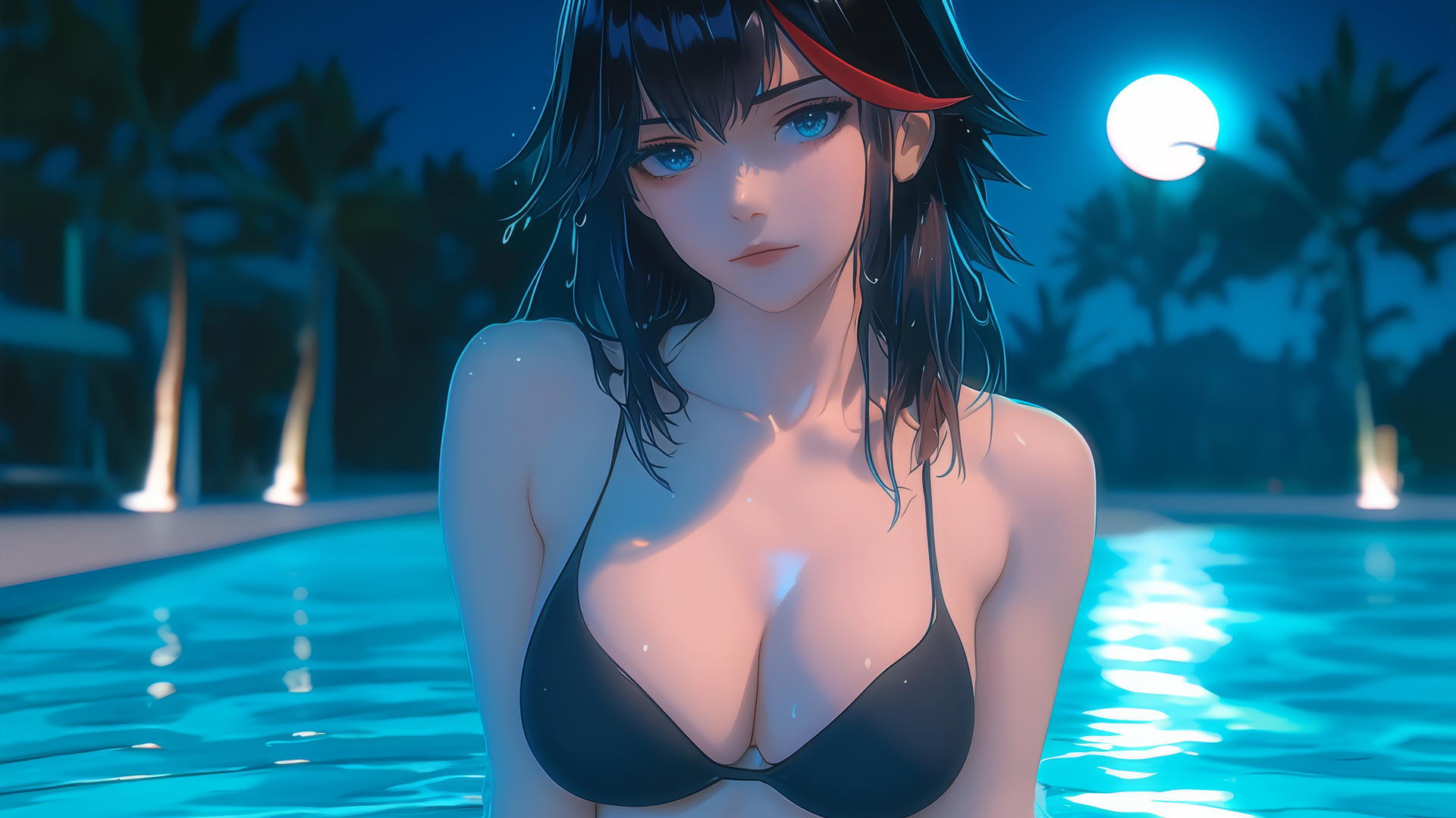Ryuko Matoi with black feathery hair, red streak, gear-shaped pupils, resting by a pool under moonlight