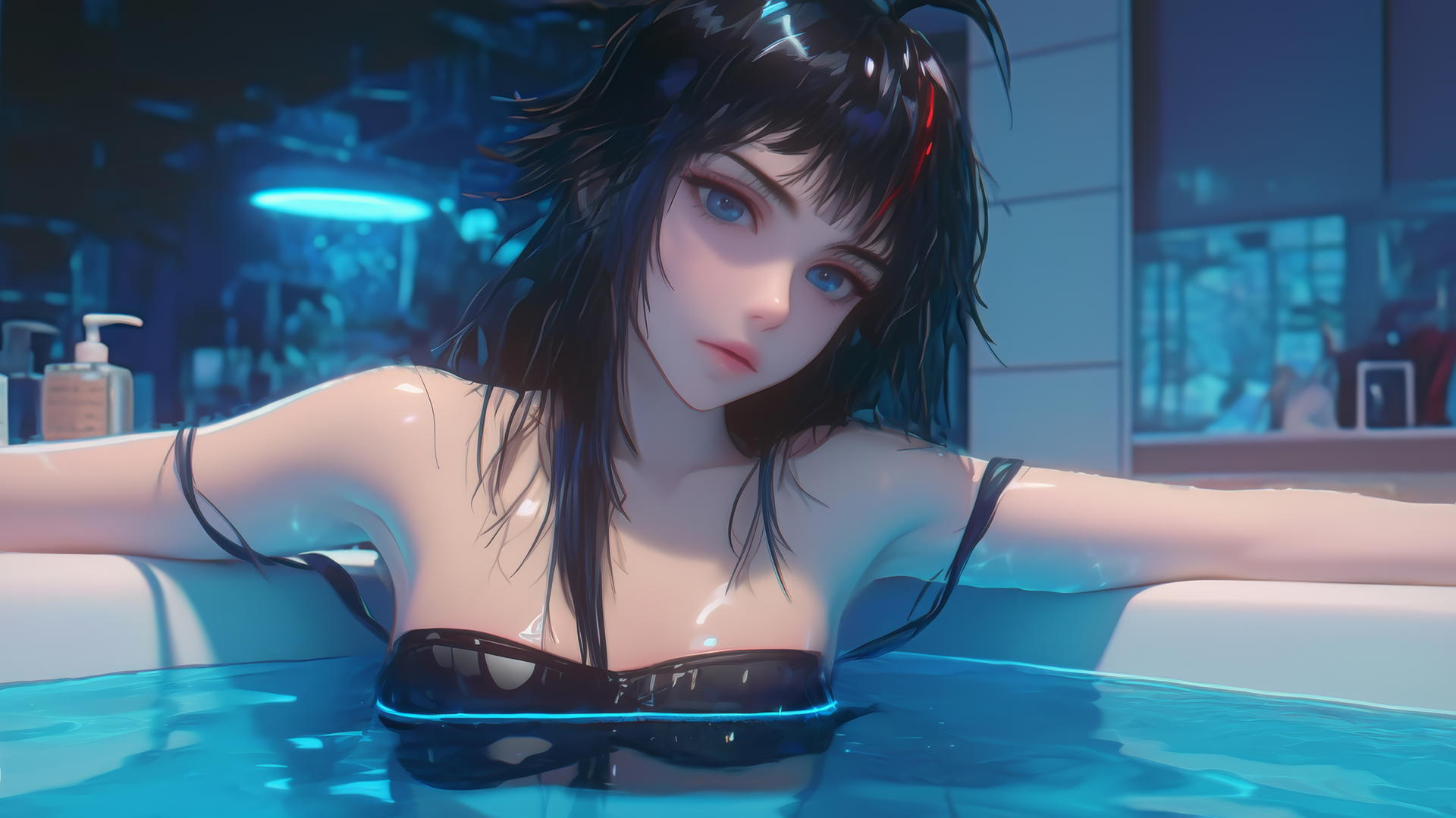 Ryuko Matoi resting in a tub with neon light glow, gear-shaped pupils.