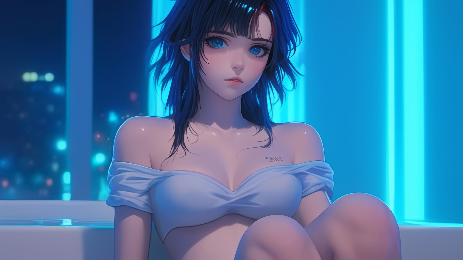 Ryuko Matoi with mid-length black hair and a red streak, blue eyes with gear-shaped pupils, resting in a tub with neon light glow.