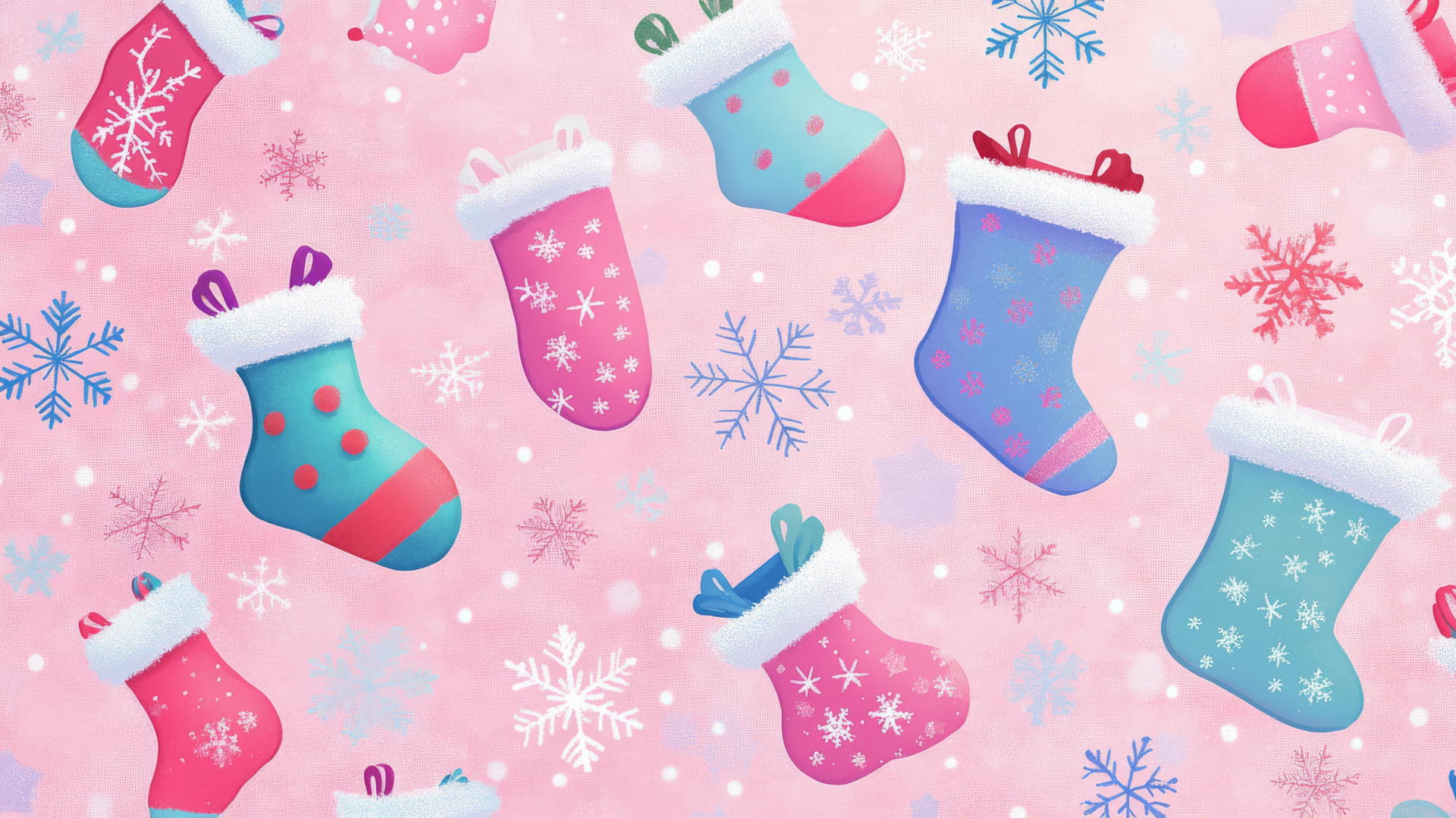 pastel preppy Christmas stockings and snowflakes on soft pink background