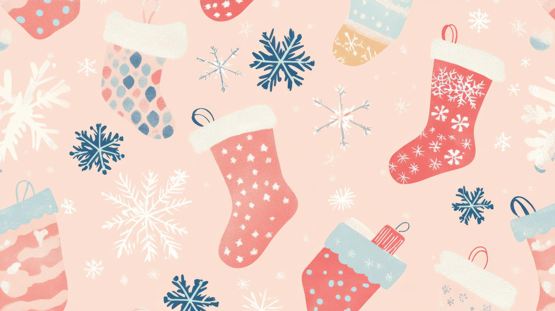 preppy Christmas wallpaper with pastel stockings and snowflakes on soft pink background