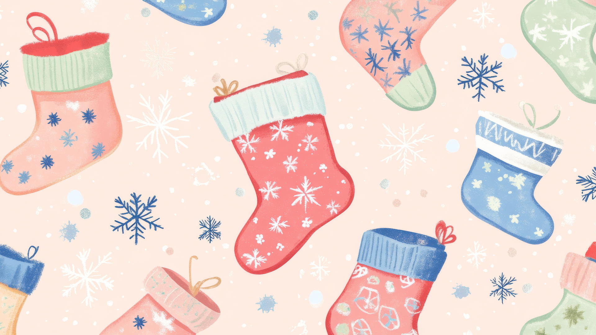 Preppy Christmas wallpaper with pastel stockings and snowflakes on pink background