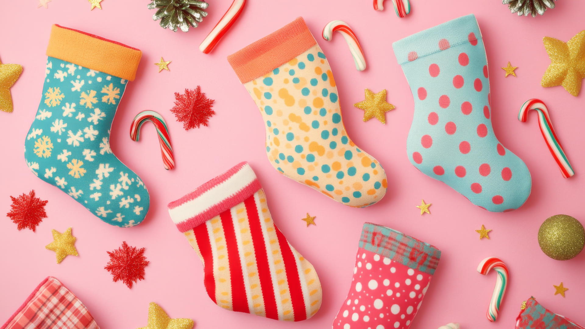 Preppy wallpaper Christmas with colorful stockings, candy canes, and stars on a pastel pink background