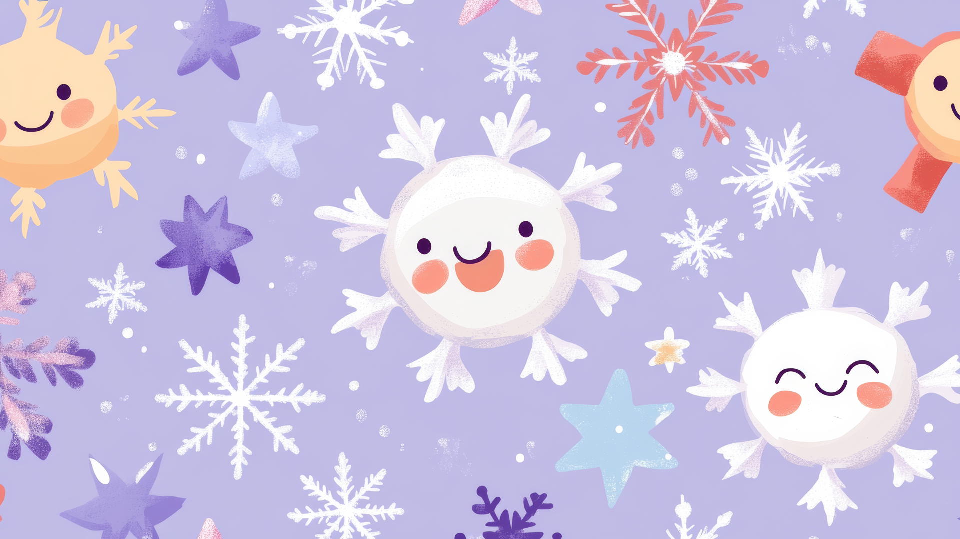 aesthetic preppy Christmas wallpaper with smiling snowflakes and stars on pastel purple