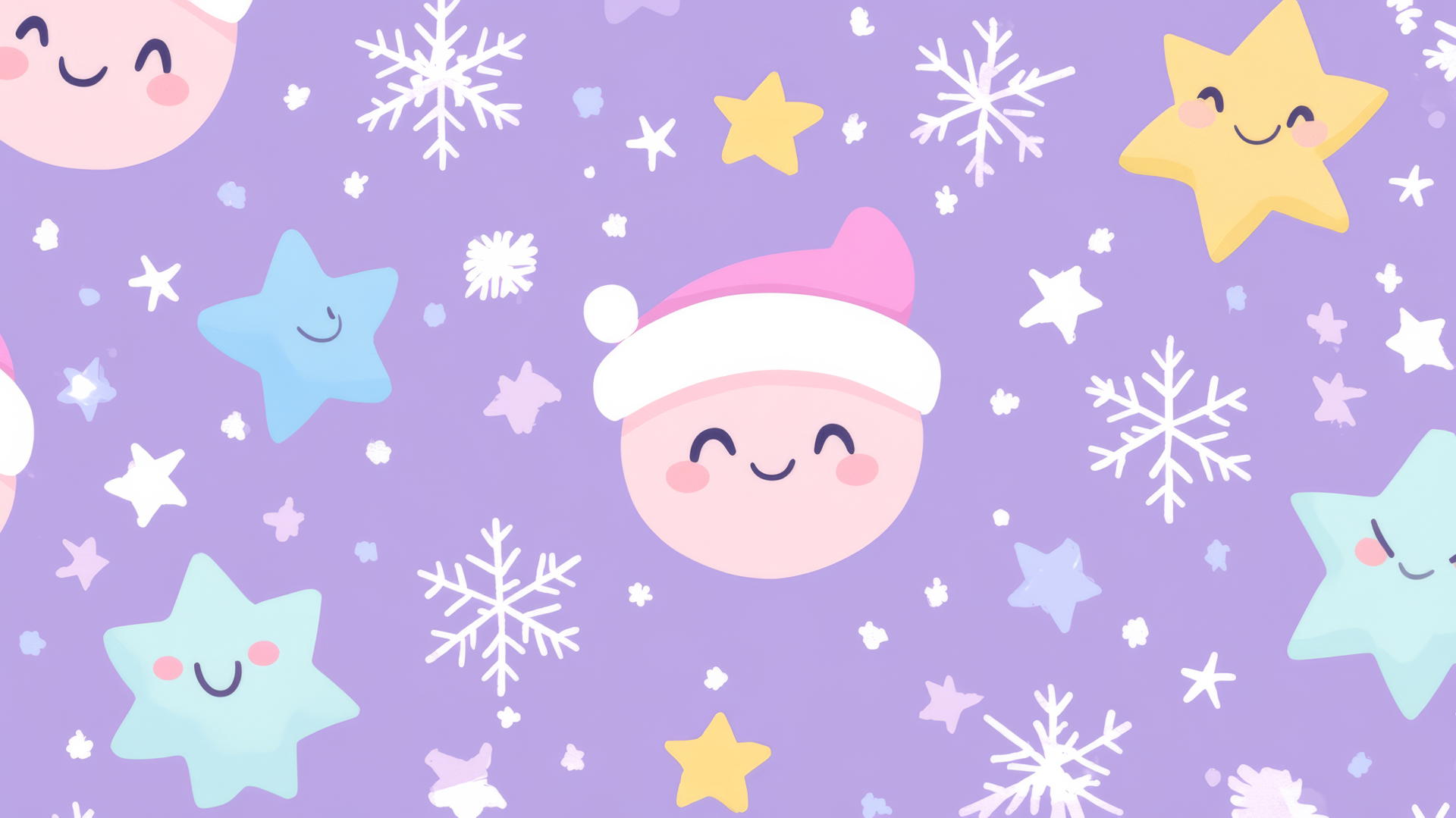 aesthetic preppy Christmas wallpaper with smiling snowflakes and stars on pastel purple