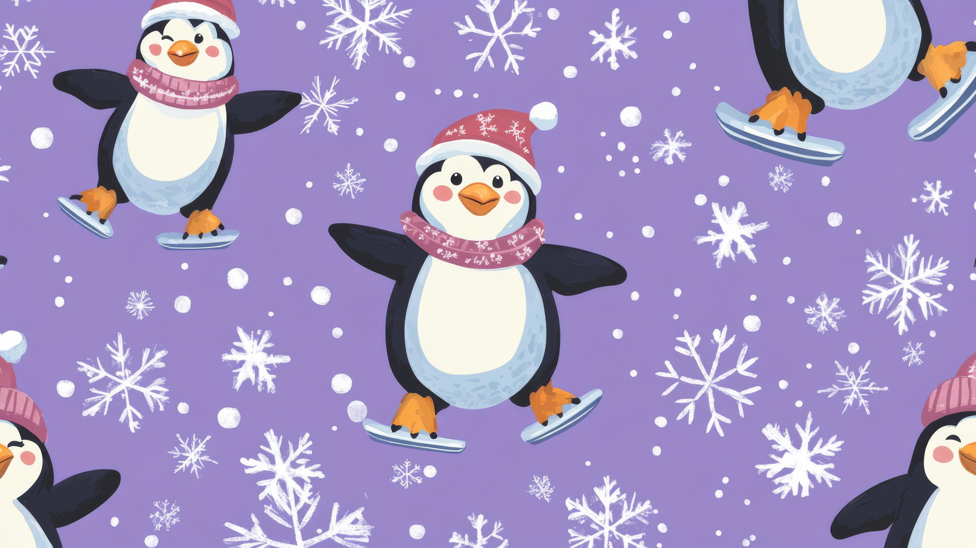 cute preppy Christmas wallpaper with playful penguins skating and playing among snowflakes on pastel purple background