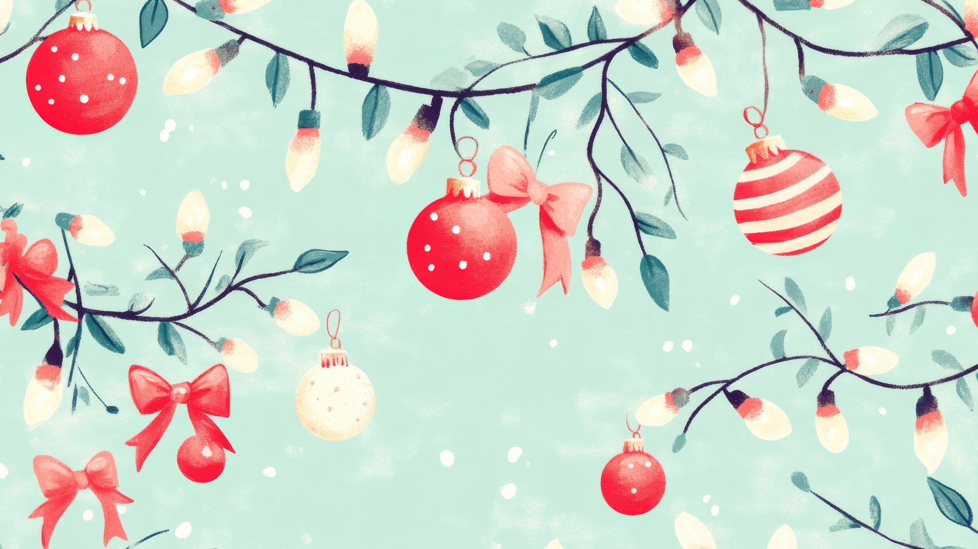 cute preppy Christmas wallpaper with lights, baubles, and bows
