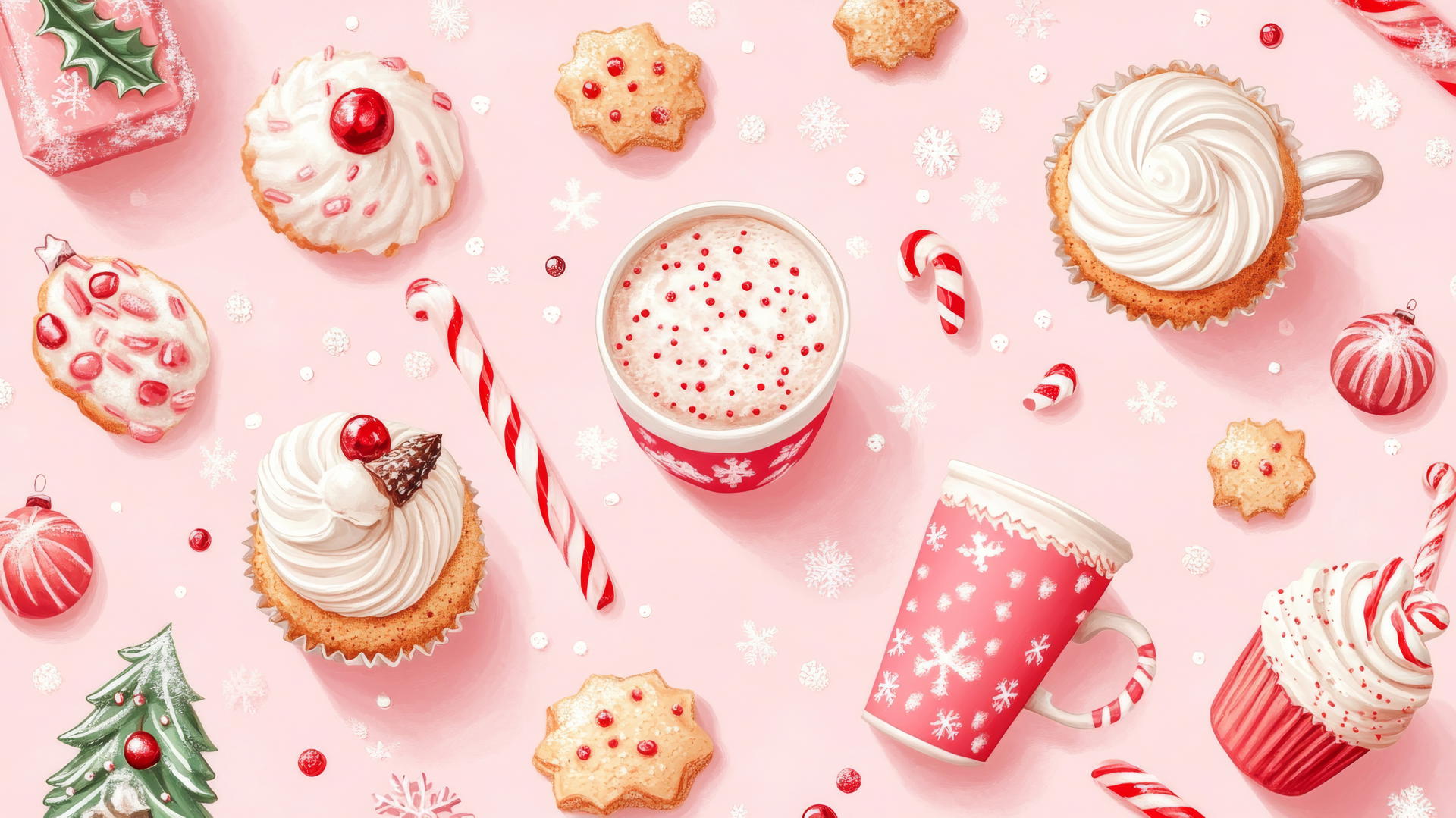 cute preppy Christmas wallpaper with adorable cupcakes, cookies, and hot cocoa mugs