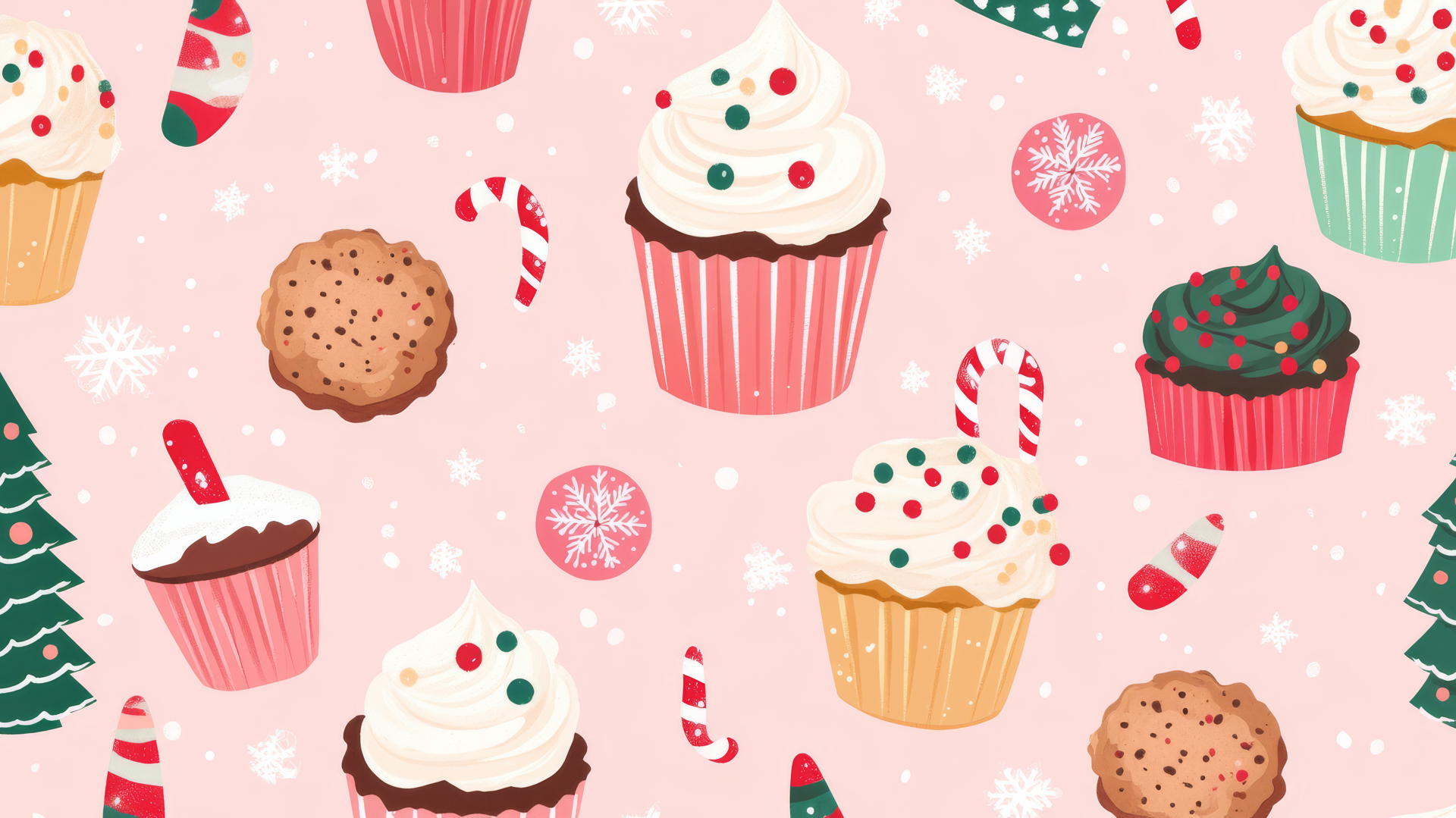 cute preppy Christmas wallpaper with adorable cupcakes, cookies, and hot cocoa mugs on a pastel pink background