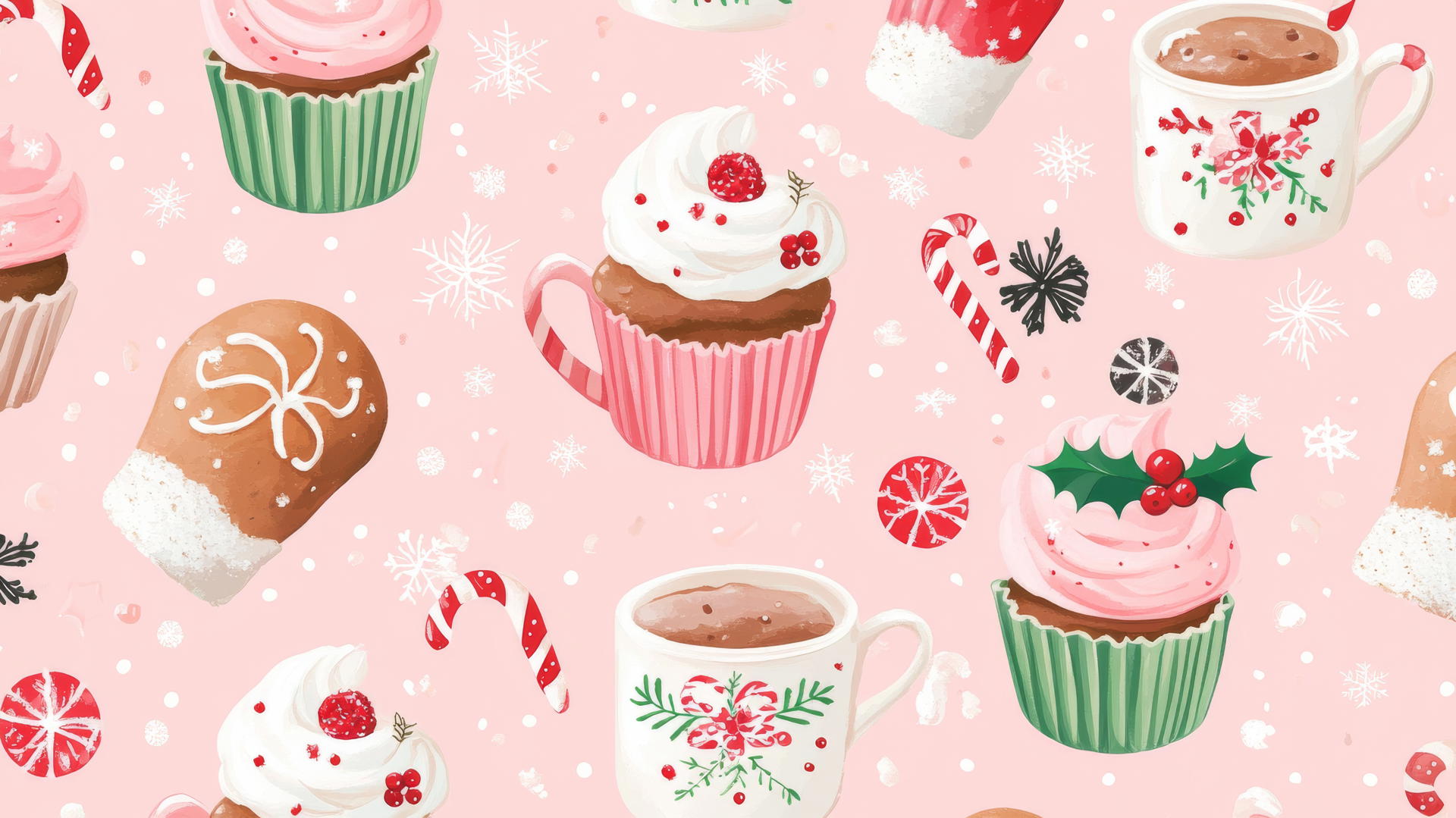 Cute preppy Christmas wallpaper with Christmas-themed cupcakes, cookies, and hot cocoa on pastel pink background.