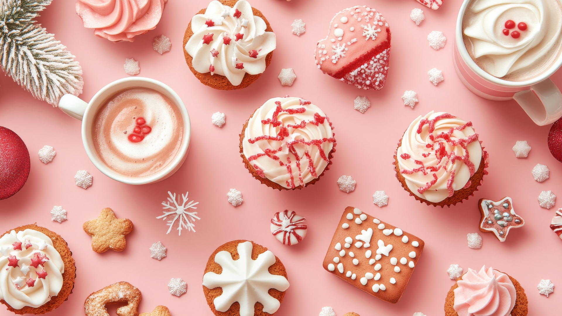 cute preppy Christmas wallpaper with Christmas-themed cupcakes, cookies, and hot cocoa mugs on pastel pink