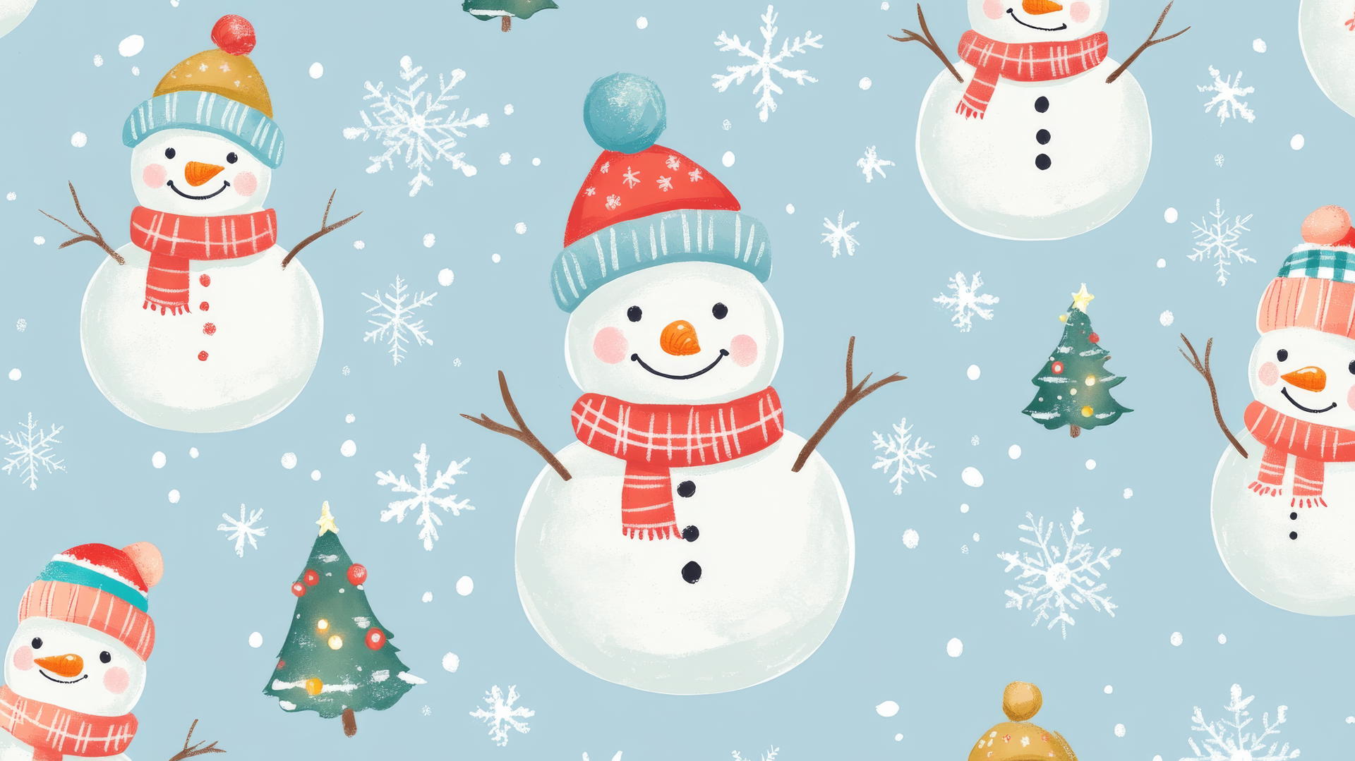Cute preppy Christmas wallpaper with cheerful snowmen, colorful scarves, hats, snowflakes, and small Christmas trees on pale blue background