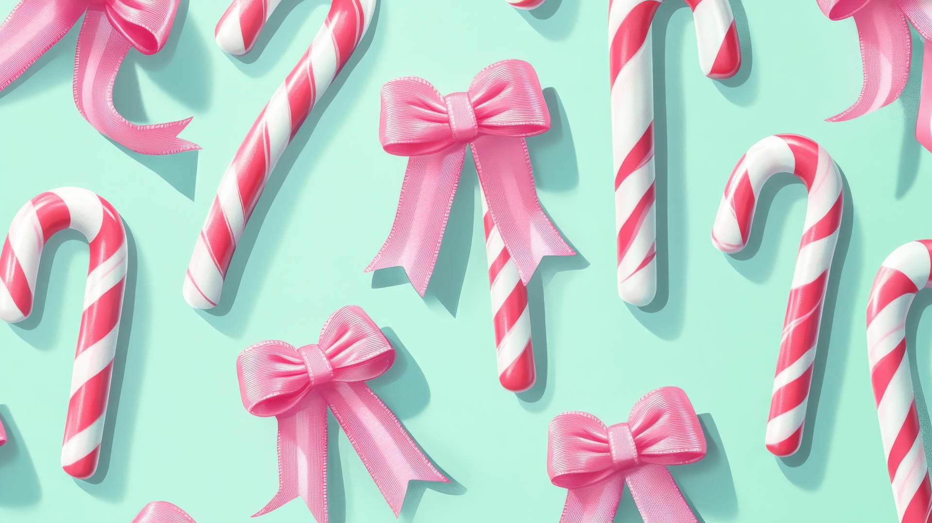 cute preppy Christmas wallpaper with red and white candy canes, pink ribbons, and mint green background