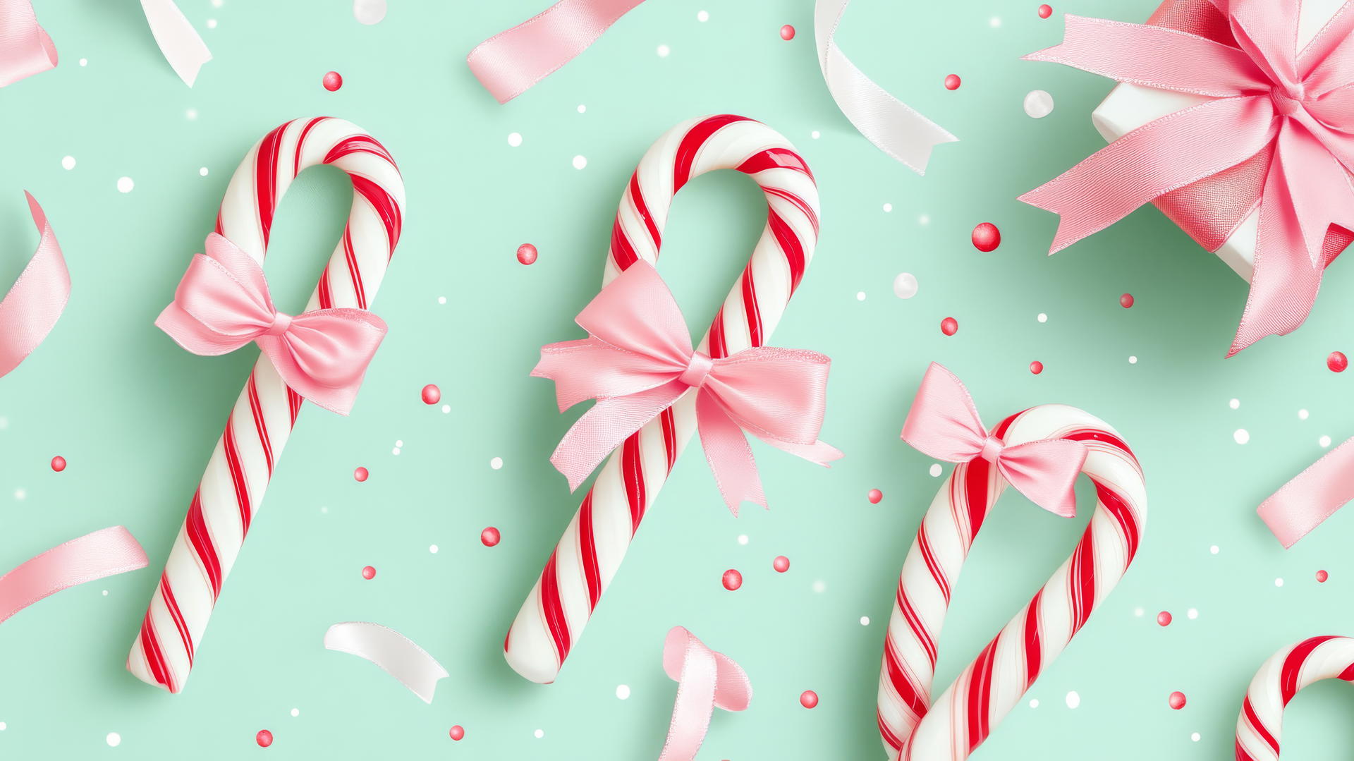 cute preppy Christmas wallpaper with candy canes, pink ribbons, and bows on mint green