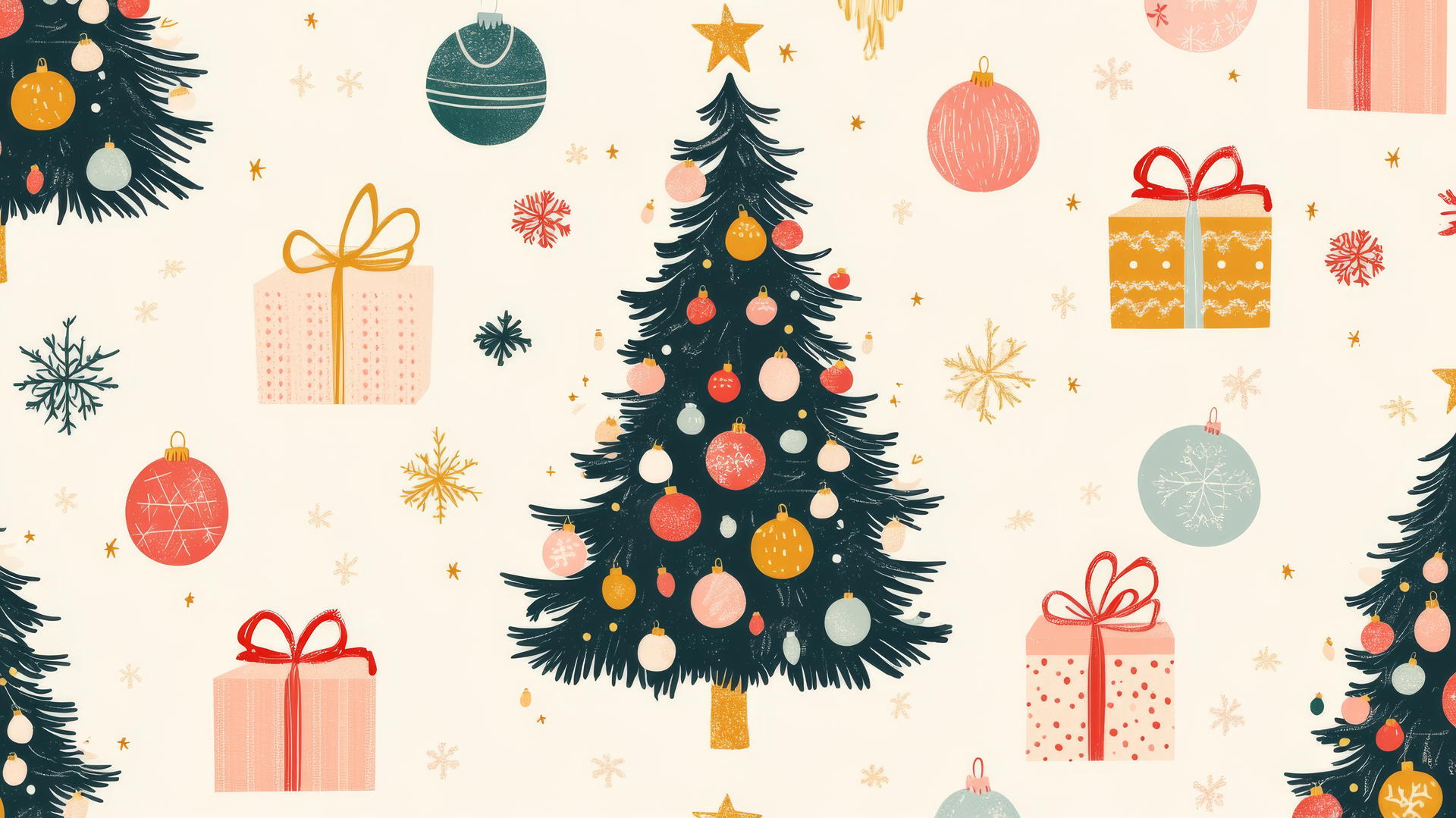 cute preppy Christmas wallpaper with retro-style trees, ornaments, and presents