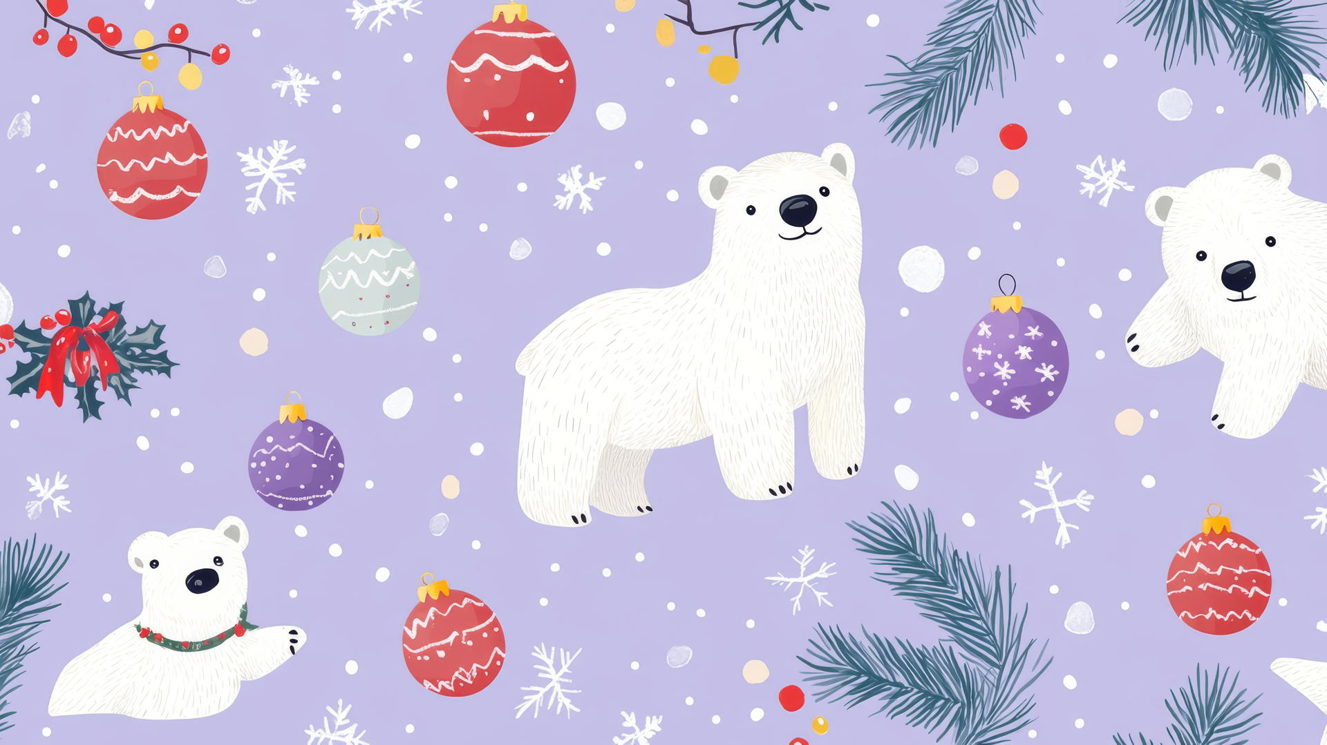 cute Christmas wallpaper preppy with cheerful polar bears, ornaments, and twinkling lights