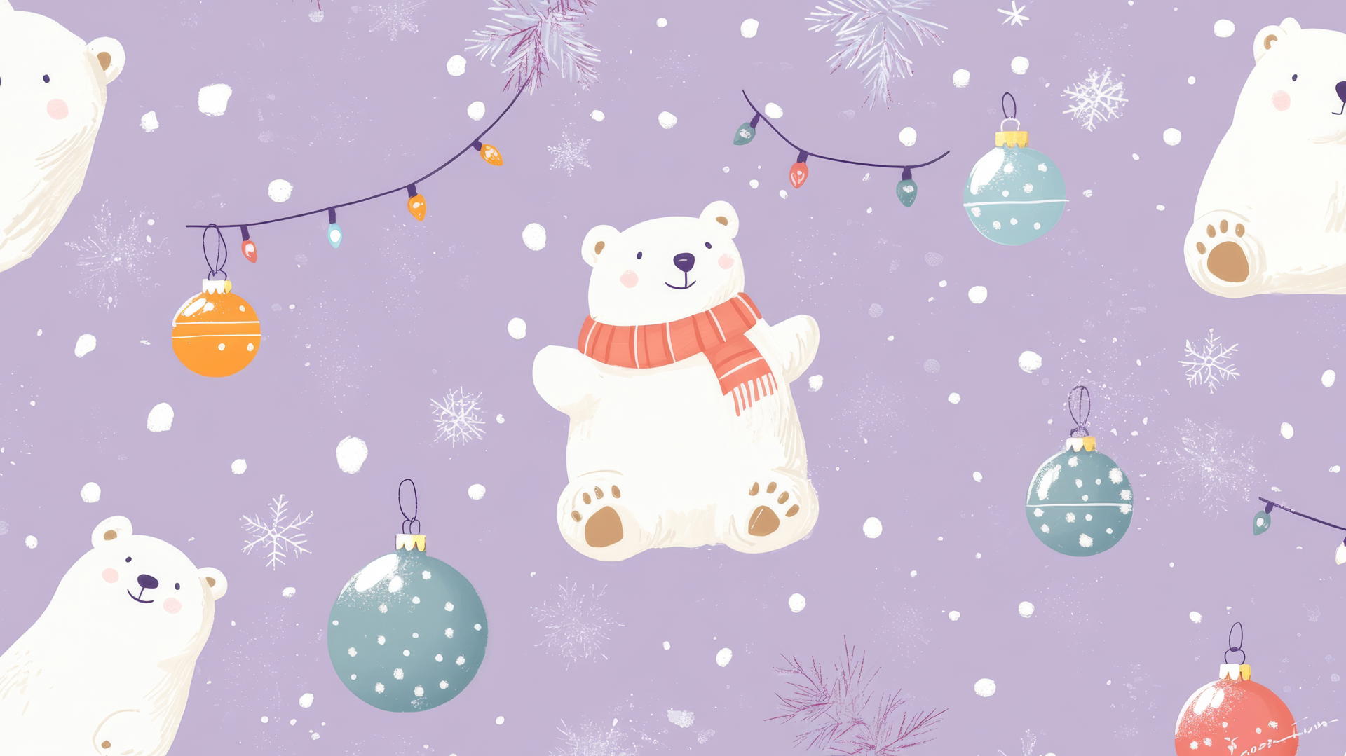 cute Christmas wallpaper preppy with cheerful polar bears, ornaments, and lights