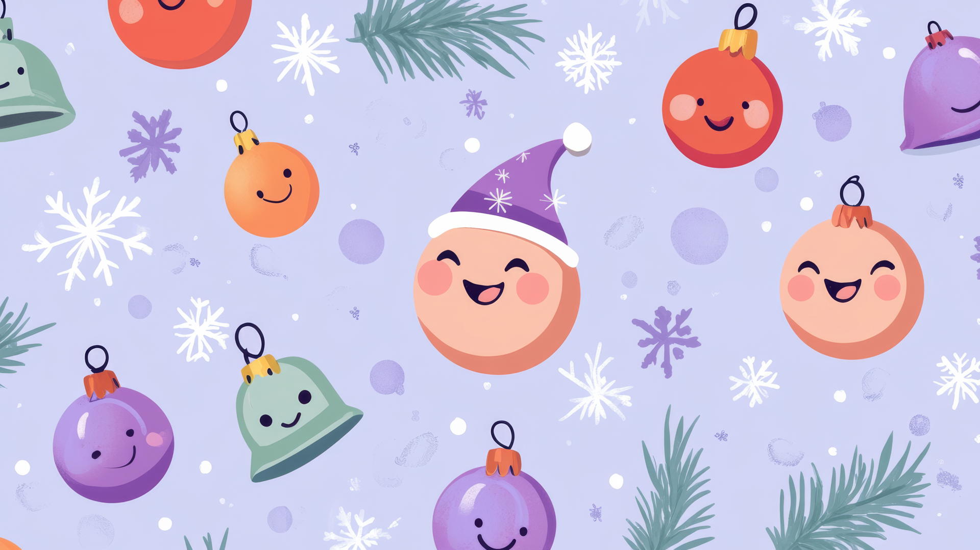 cute Christmas wallpaper preppy with smiling snowflakes, bells, and baubles on pastel lavender
