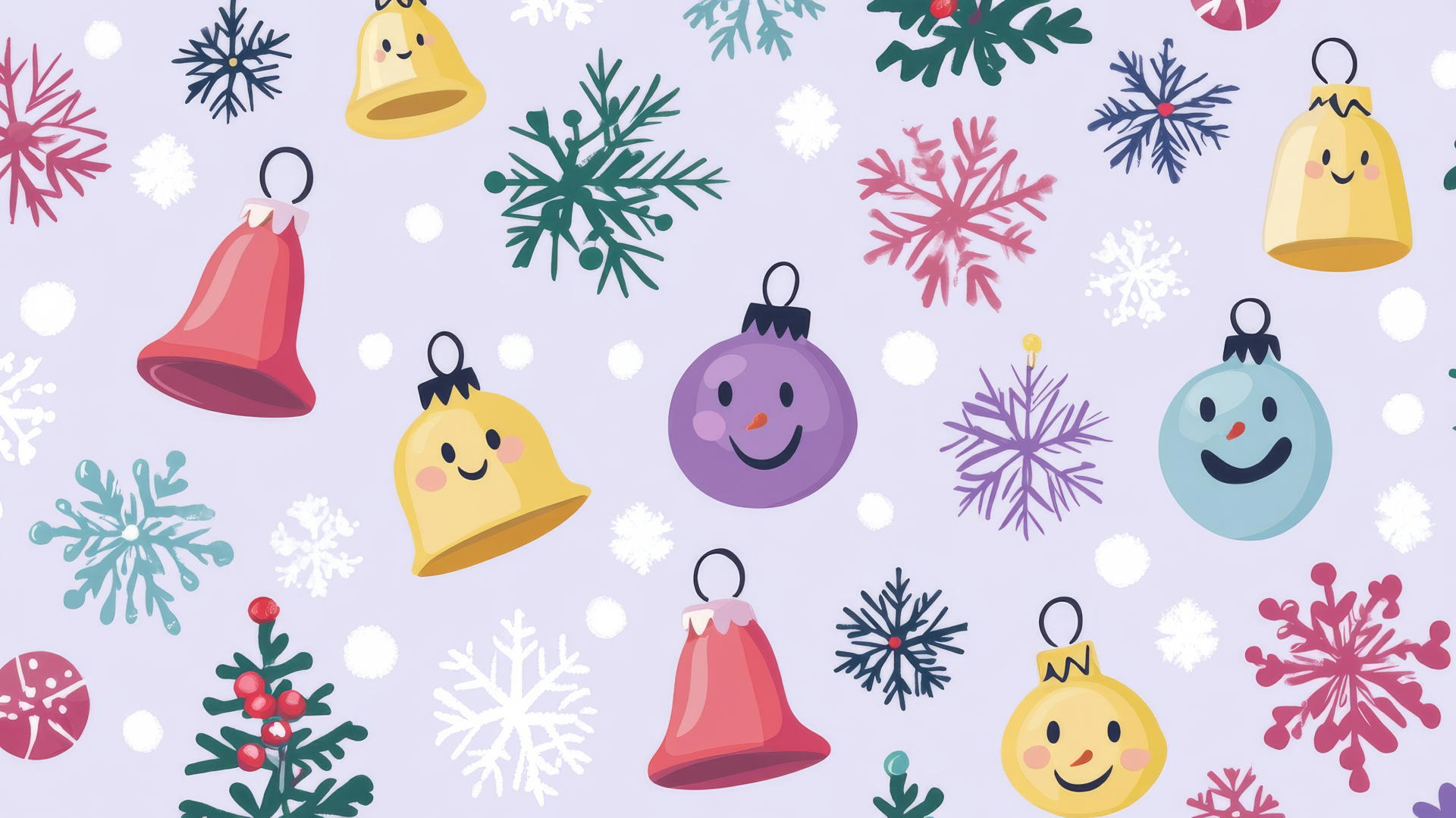 cute Christmas wallpaper preppy with smiling snowflakes, Christmas bells, and baubles on pastel lavender background