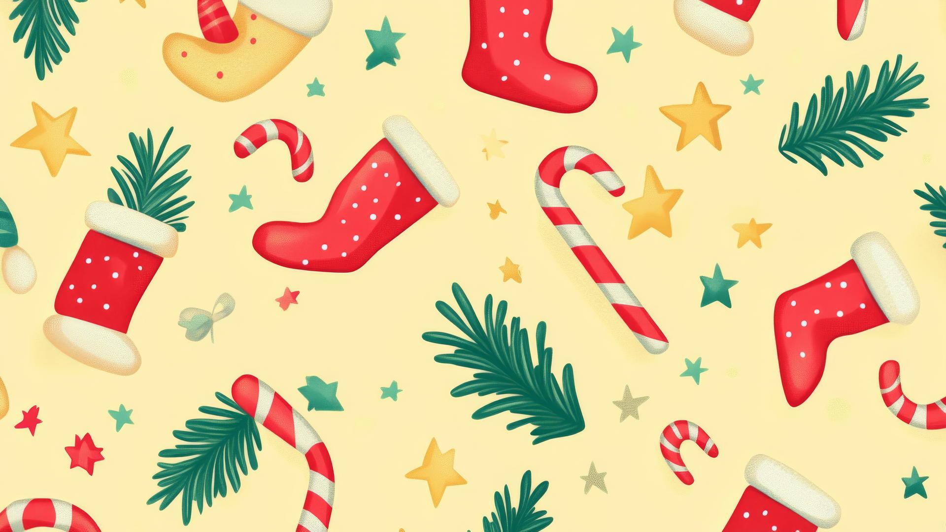 cute Christmas wallpaper preppy with candy canes, stockings, and stars on pastel yellow
