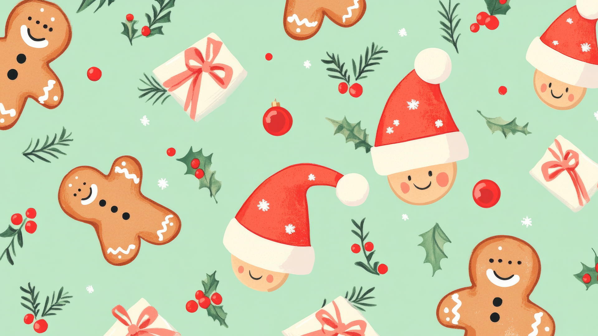 cute Christmas wallpaper preppy with gingerbread cookies, Santa hats, and holly berries on pastel mint green background