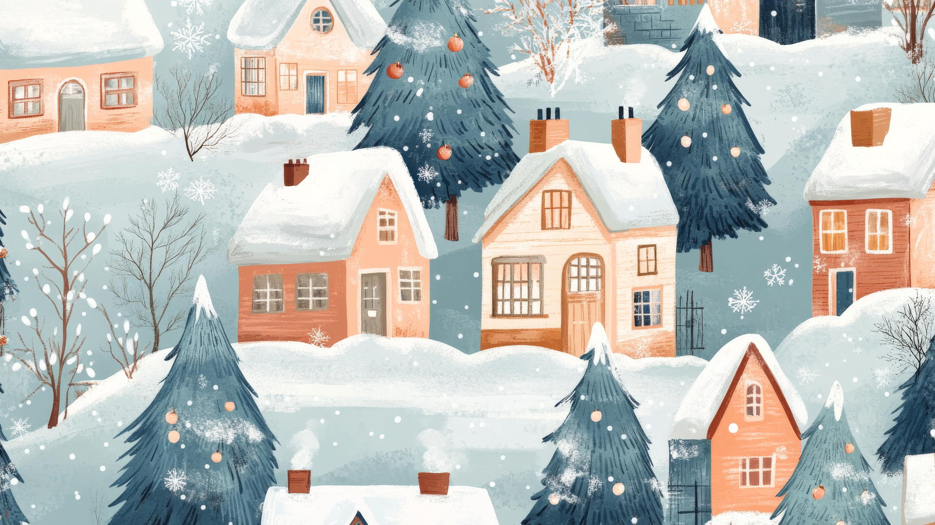 preppy wallpaper christmas with charming village scenes, cozy cottages, and snow-covered trees