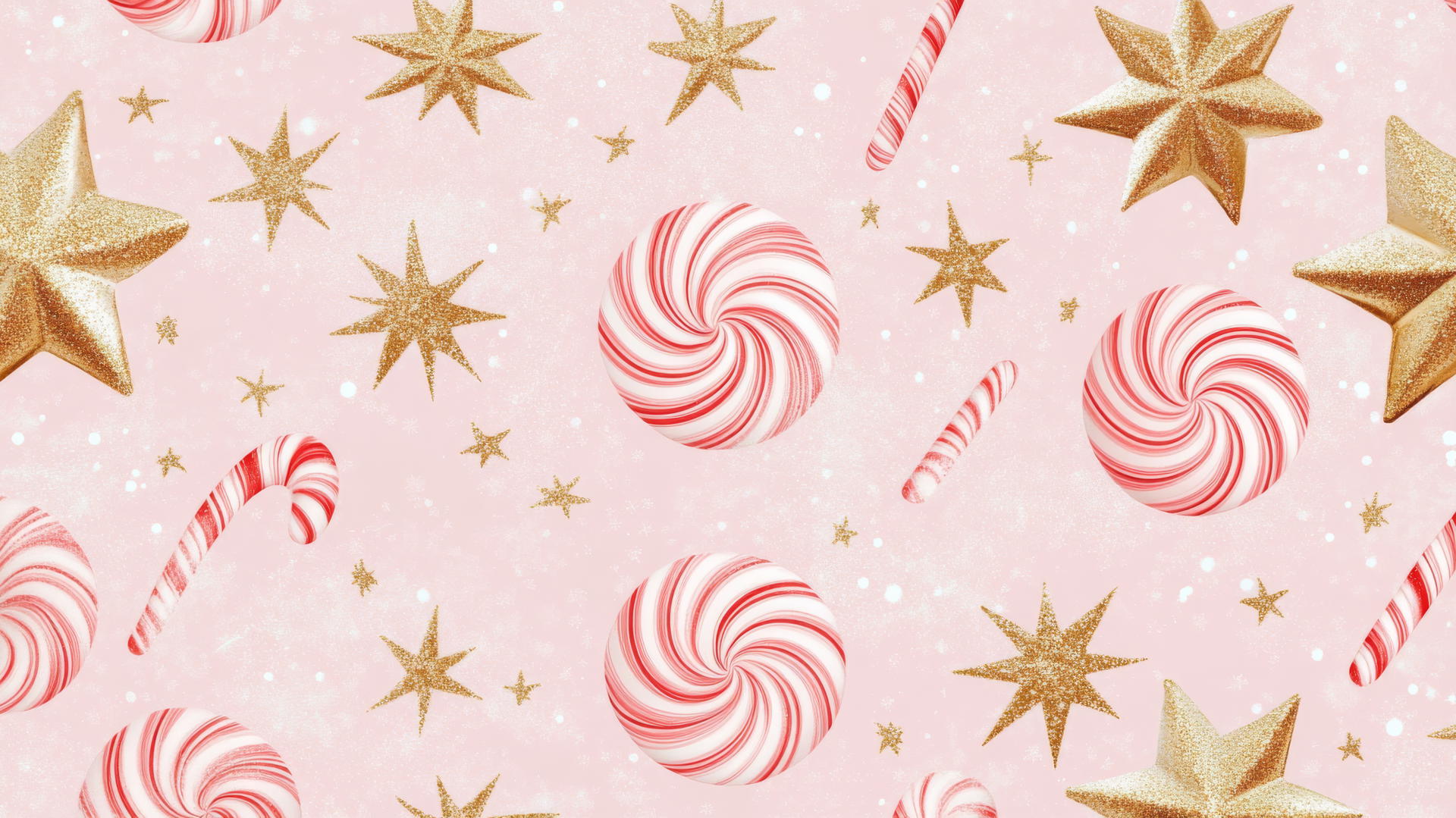 pattern of peppermint swirls, stars, snowflakes on soft pink background, preppy wallpaper christmas