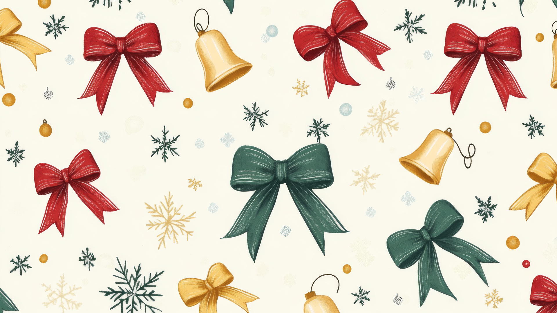 christmas wallpaper preppy with bows, bells, red, gold, green on cream background