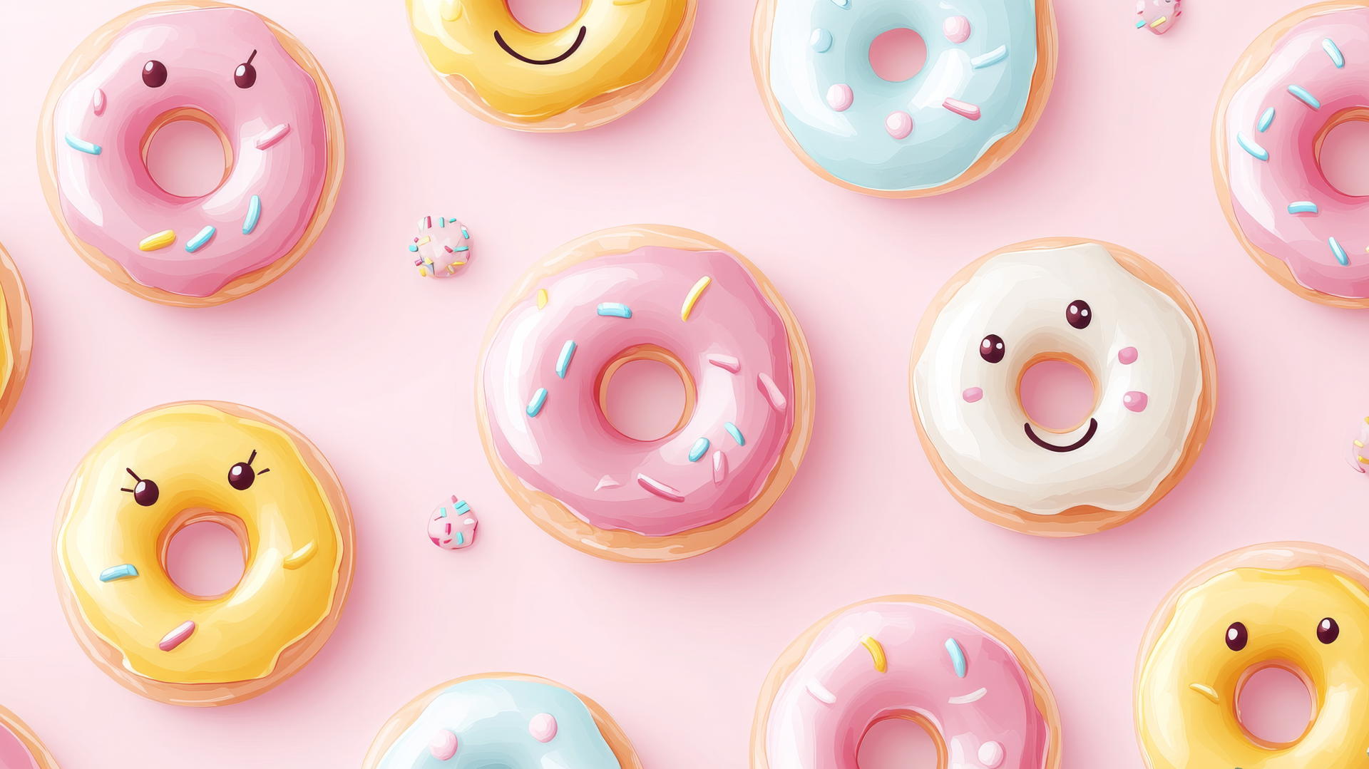 seamless preppy wallpaper pattern of smiley face donuts with colorful glazes on a light pink background