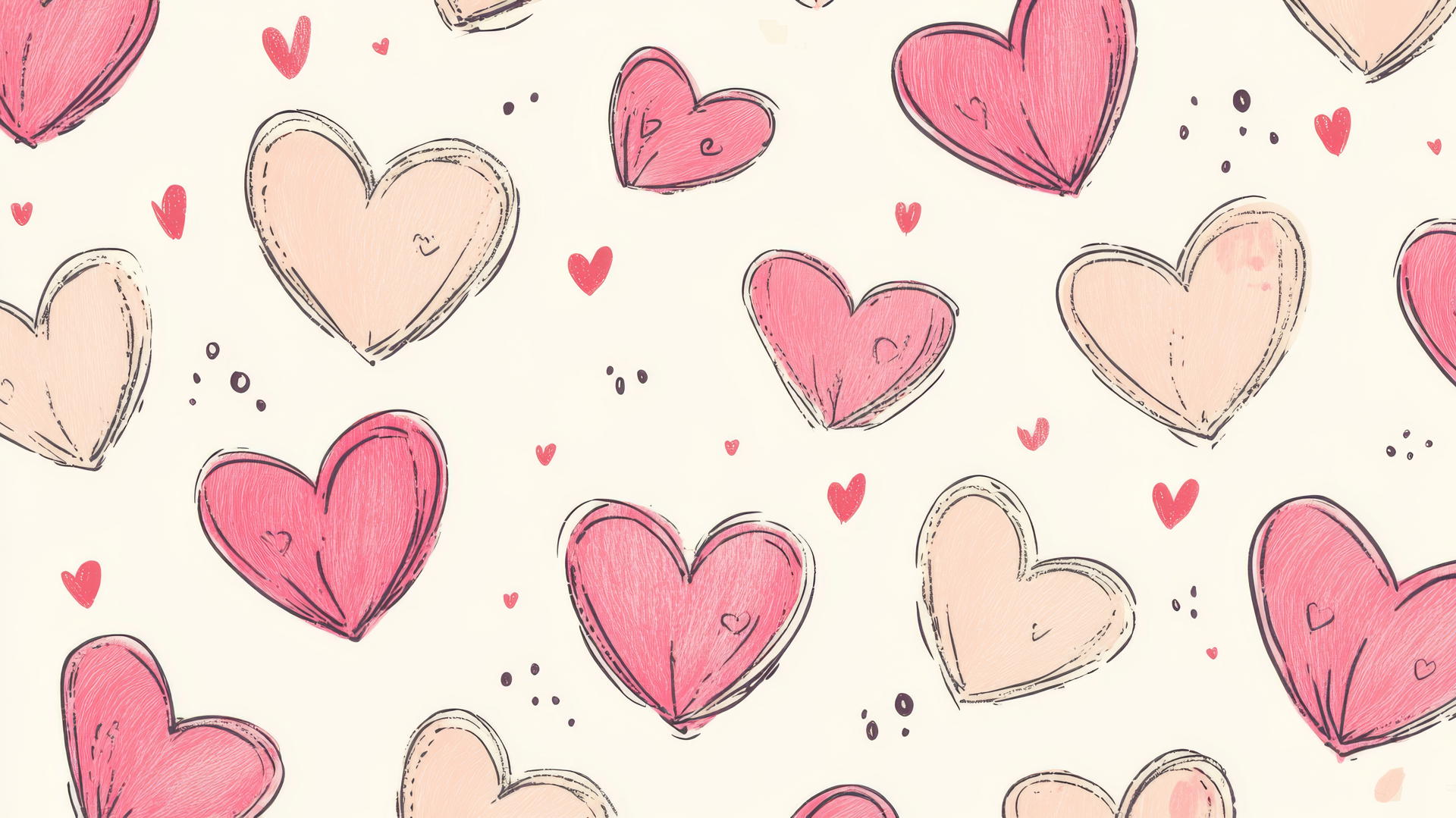 preppy wallpaper of pink hearts on a cream background with hand-drawn details