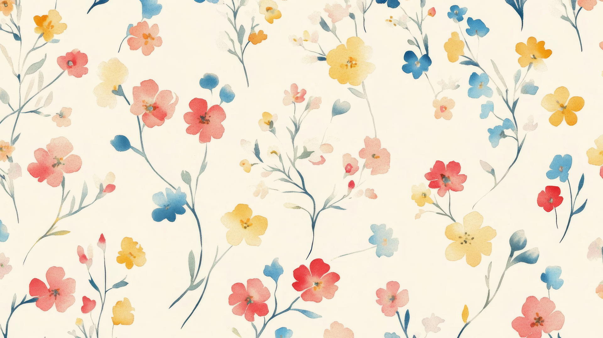 Preppy wallpaper with small colorful flowers in pastel on a cream background.