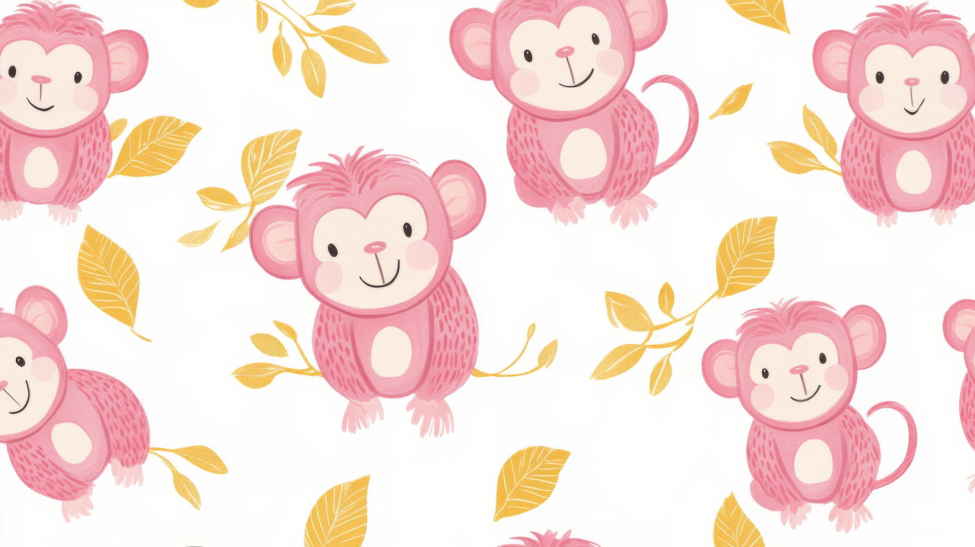 Preppy wallpaper with pink cartoon monkeys, playful expressions, and yellow leaves