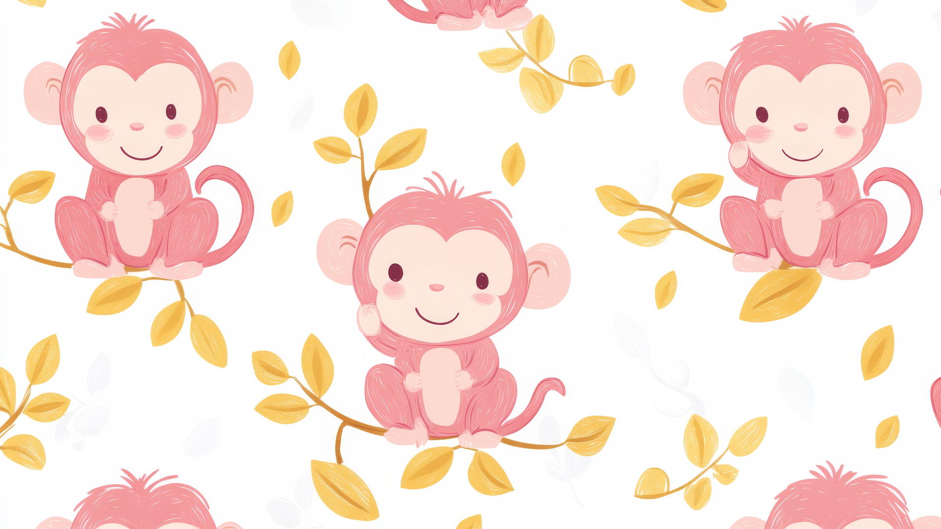preppy wallpaper with pink cartoon monkeys, playful expressions, yellow leaves on white