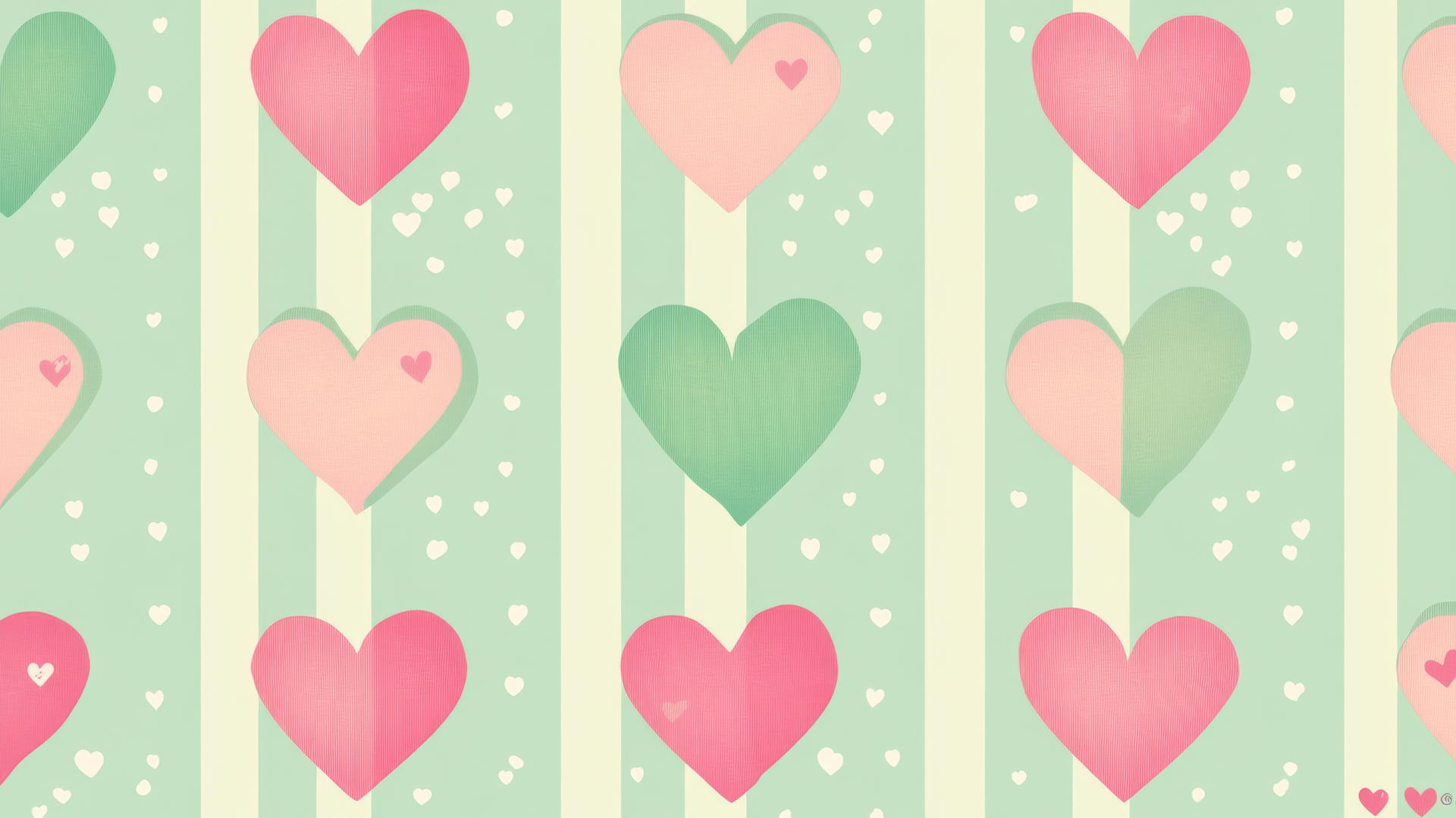 preppy wallpaper with pink and green hearts on a minty background featuring striped hearts and pastel colors