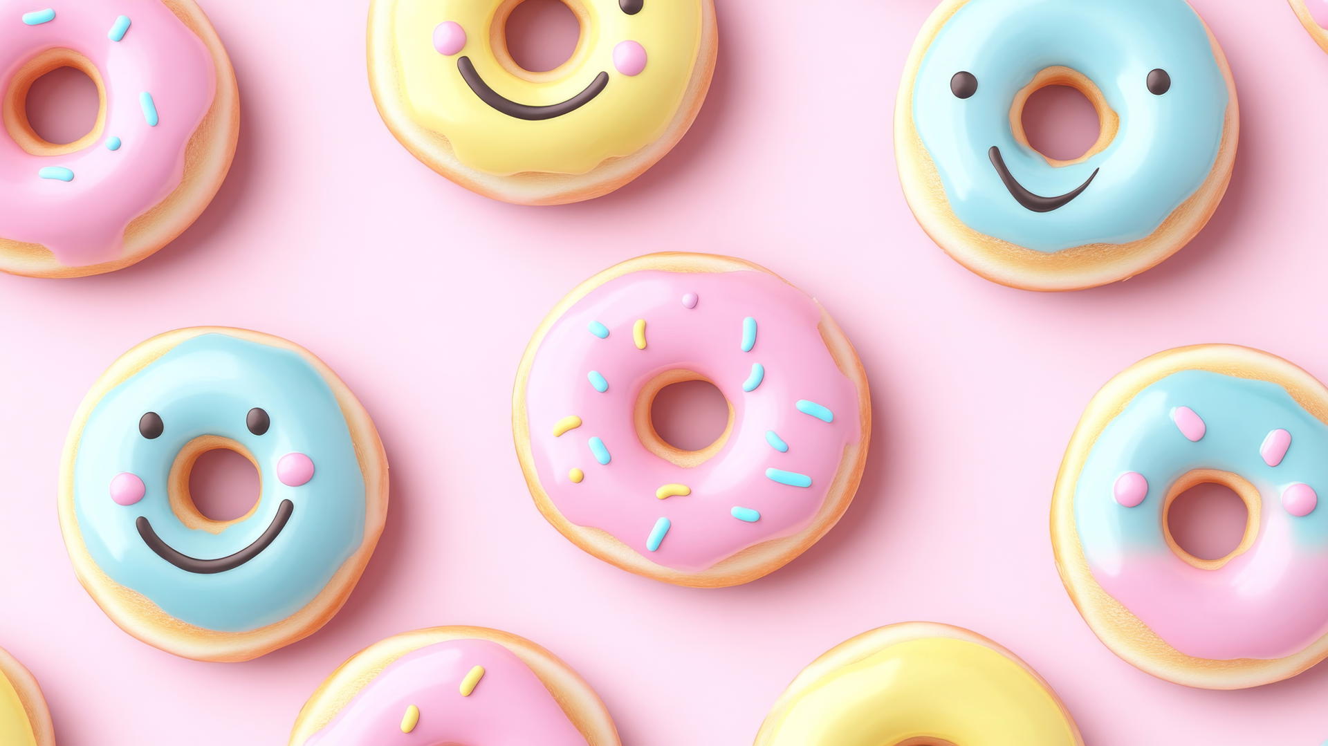 preppy wallpaper with smiley face donuts and colorful glazes on pink background