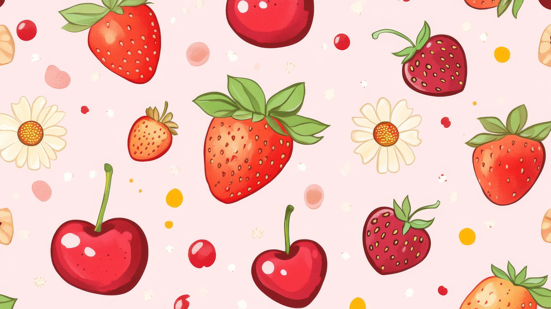 preppy wallpaper with cute doodles of strawberries, cherries, and flowers on light pink