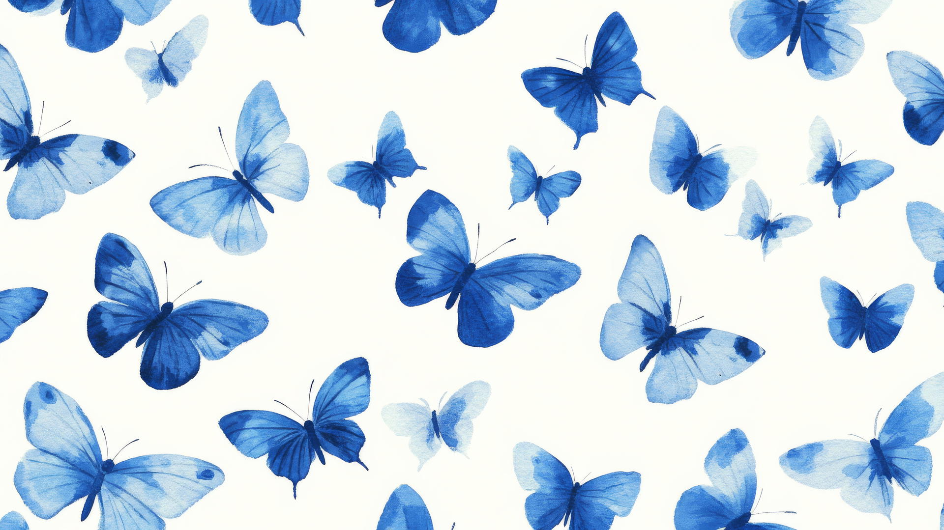 preppy wallpaper with small blue butterflies, white background, hand-drawn style