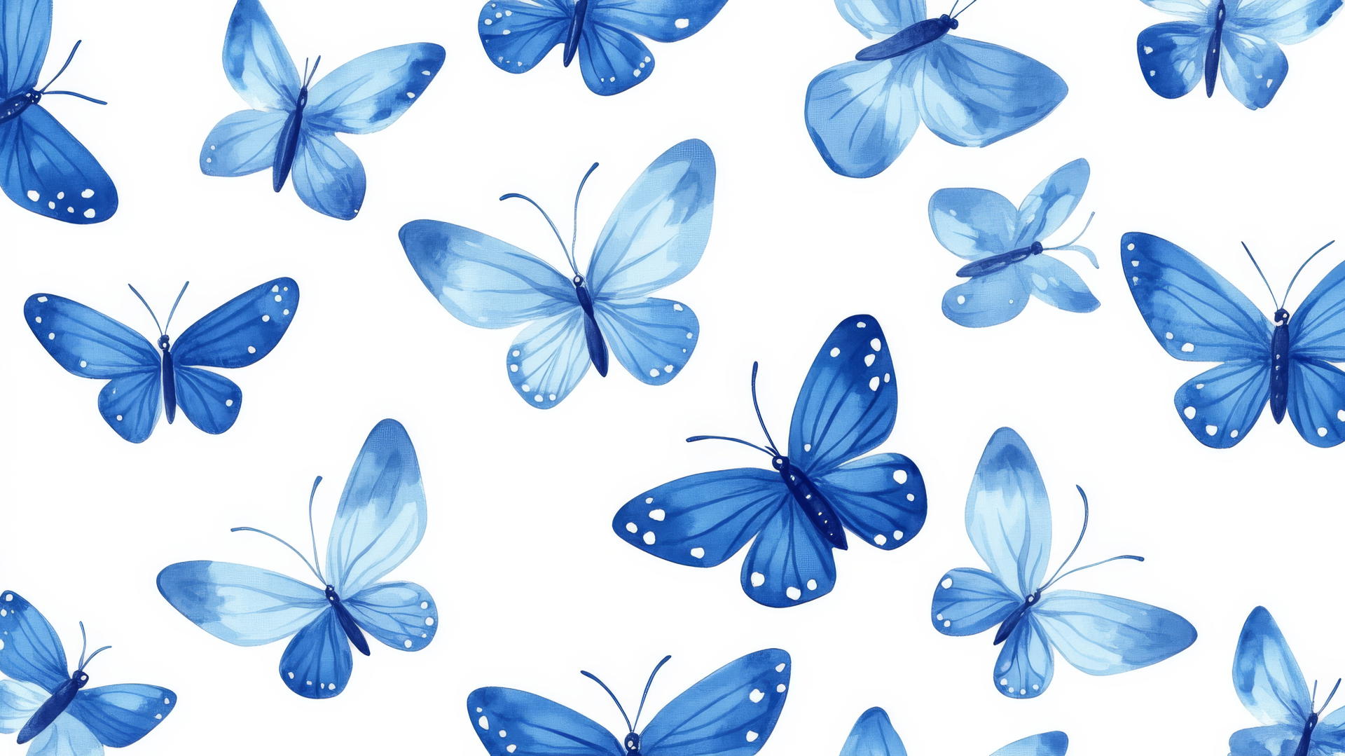 preppy wallpaper with small blue butterflies on a white background in a cute hand-drawn style