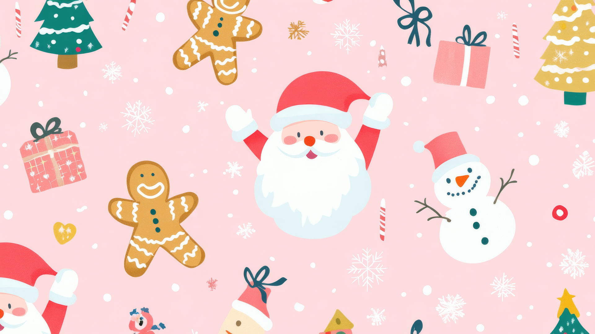 preppy wallpaper Christmas-themed pattern with Santa, gingerbread cookies, snowmen, and Christmas trees on a pastel pink background