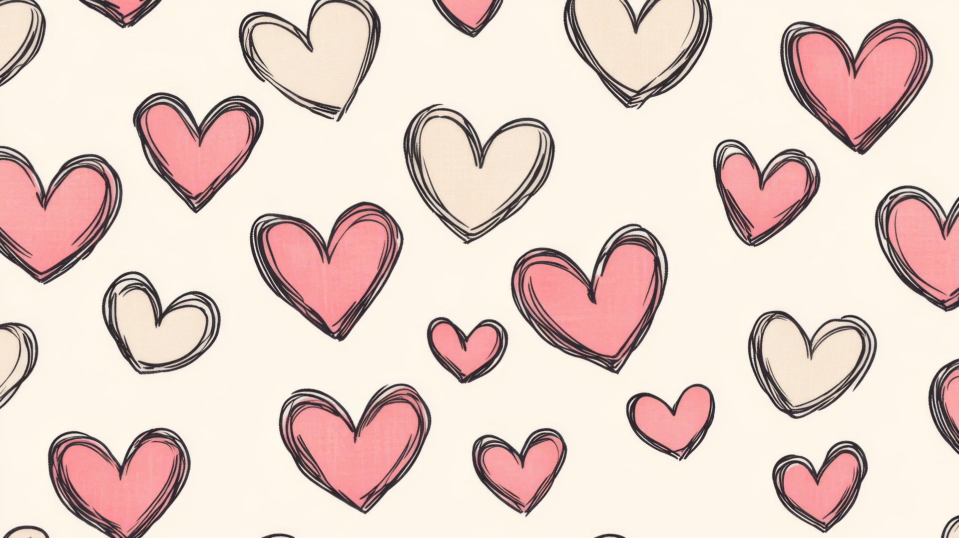 preppy wallpaper with pink hearts on cream background, hand-drawn style