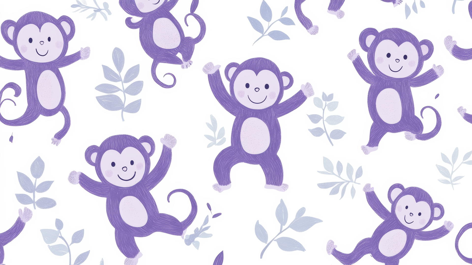 preppy wallpaper with light purple cartoon monkeys dancing on white background