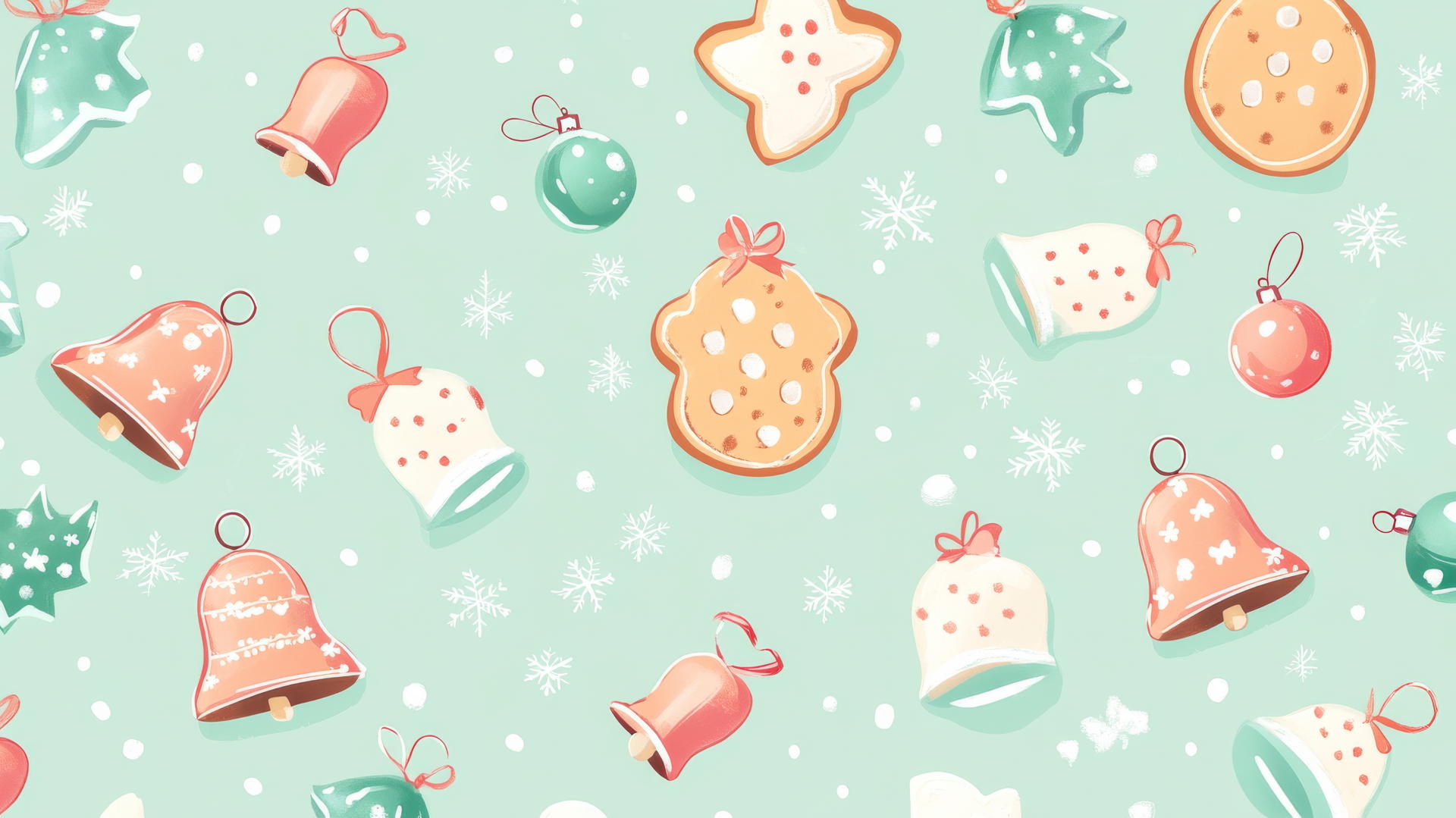 Preppy Christmas wallpaper with cookies and bells in pastel colors on light green background