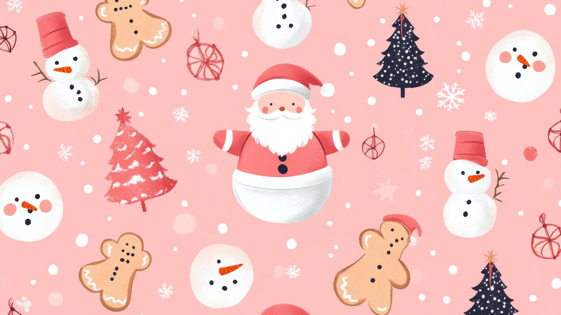 Pink preppy wallpaper with Santa, snowmen and Christmas trees