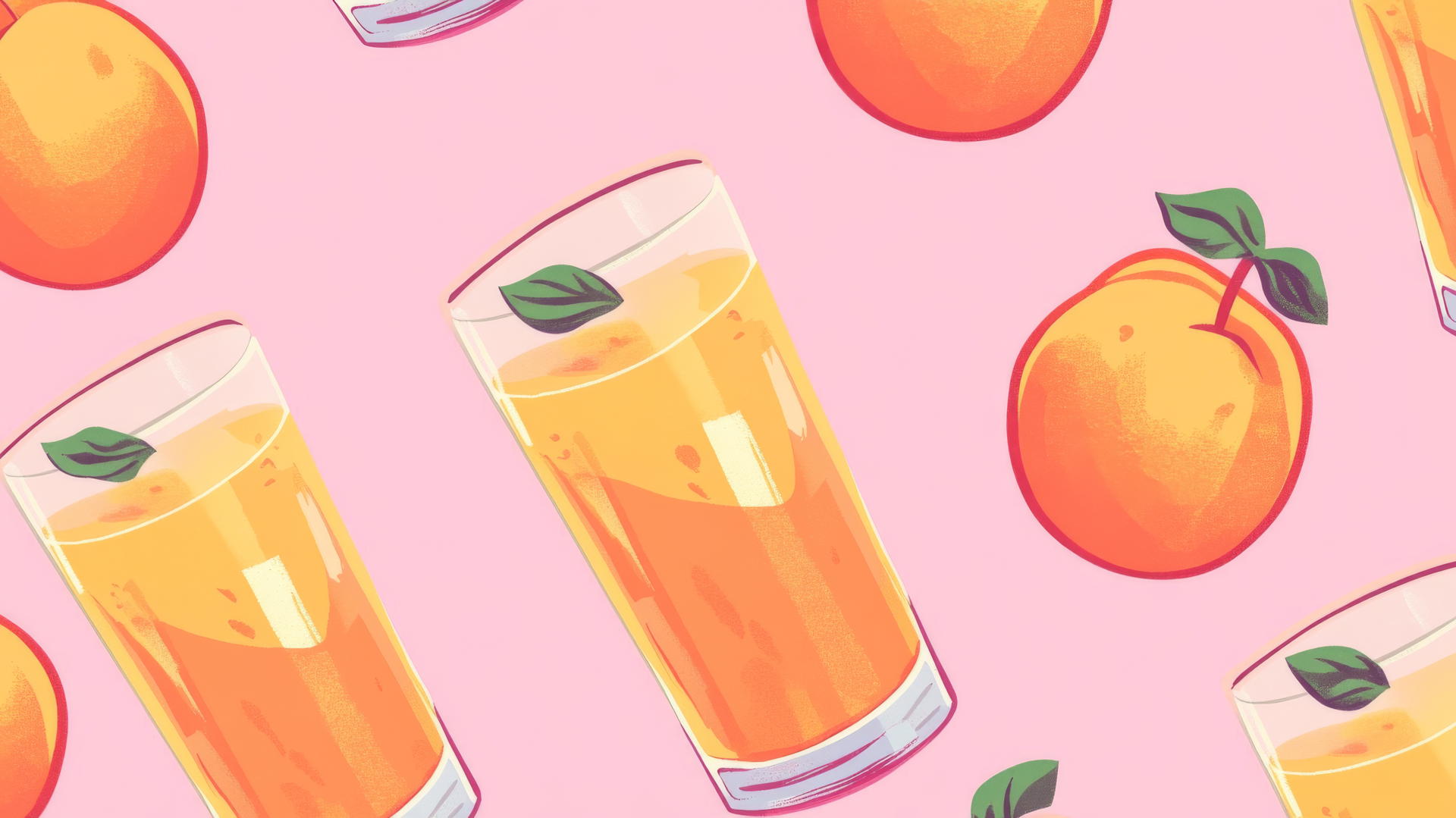pink preppy wallpaper with 8-bit pixel art of peach juice glasses in orange and pink colors